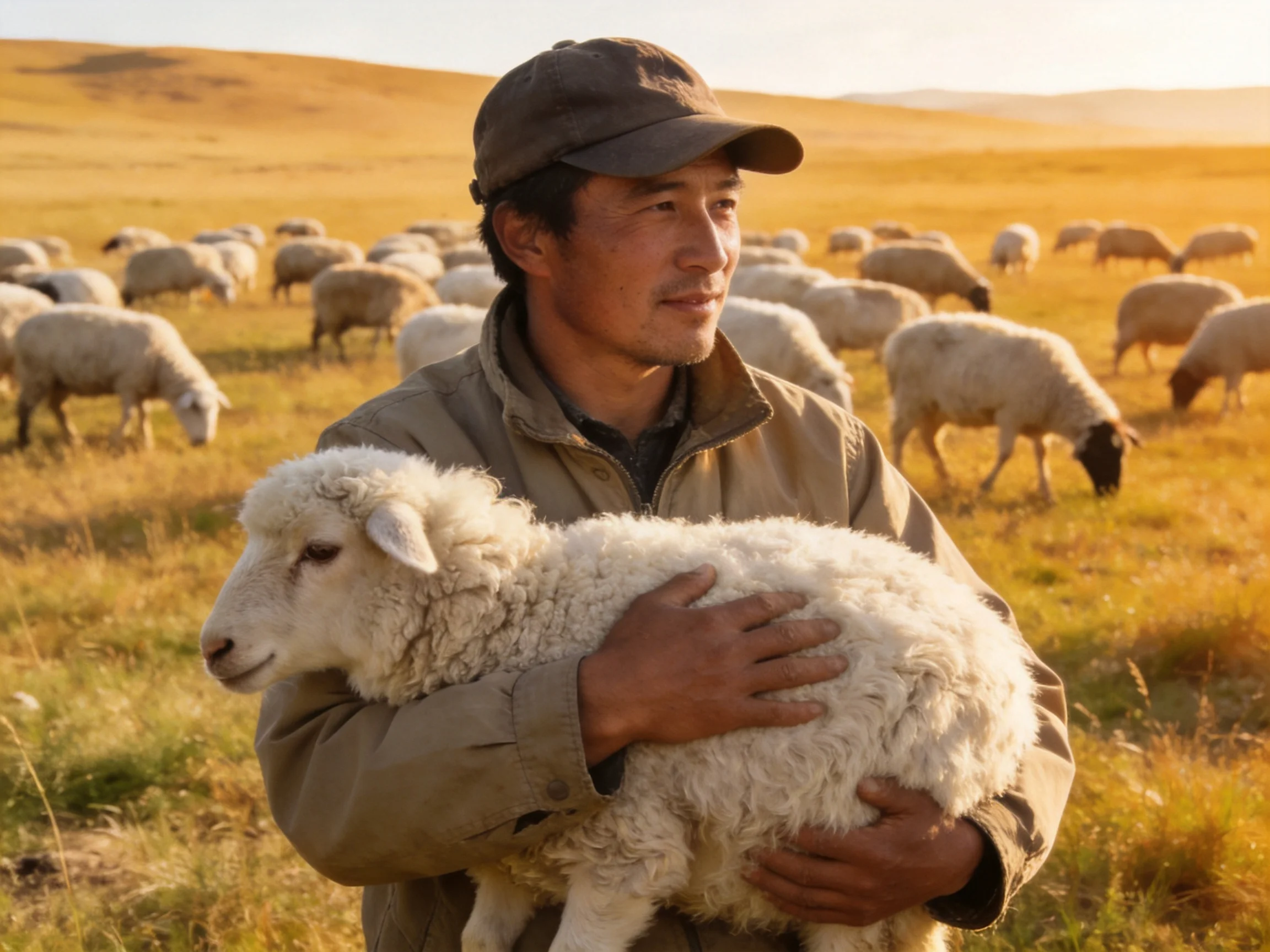 A shepherd holds a fluffy white lamb in golden grasslands