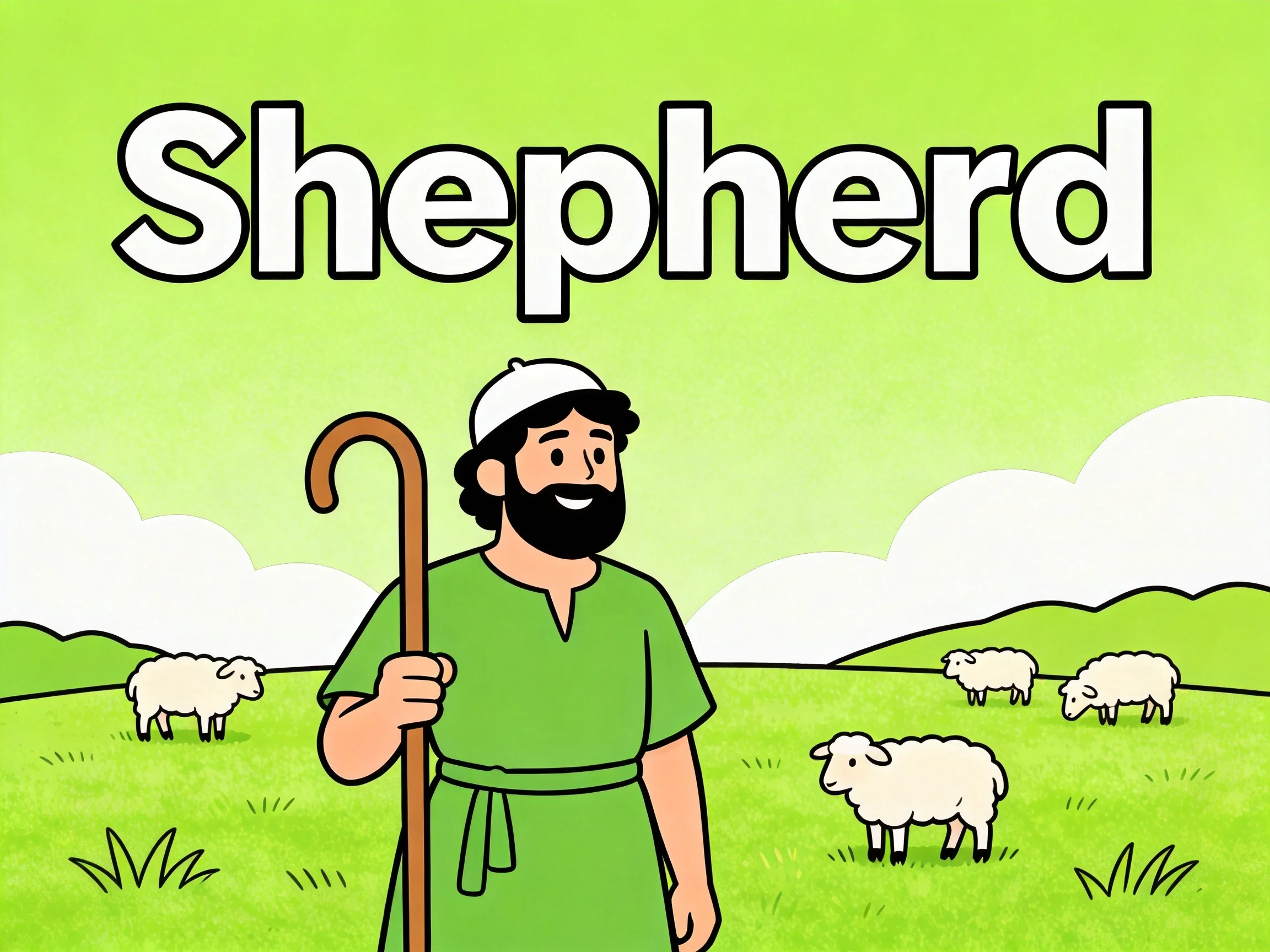 A shepherd in a green field with sheep and a wooden staff