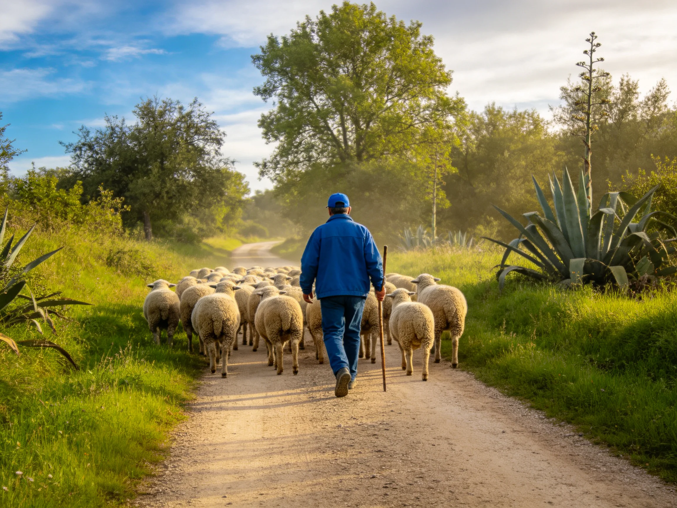 A shepherd in blue guides sheep down a sunlit country path