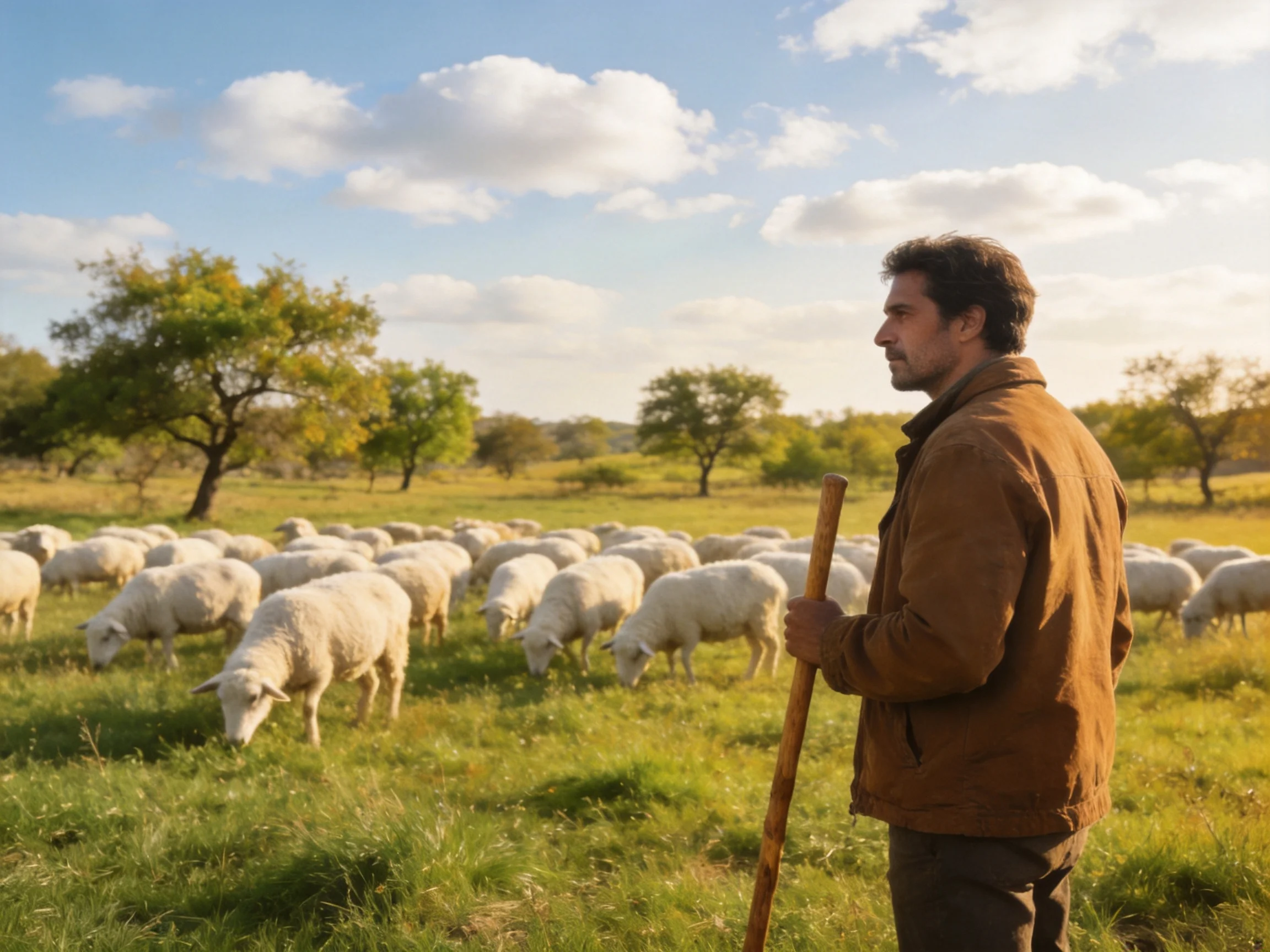 A shepherd in brown jacket tends white sheep in green pasture