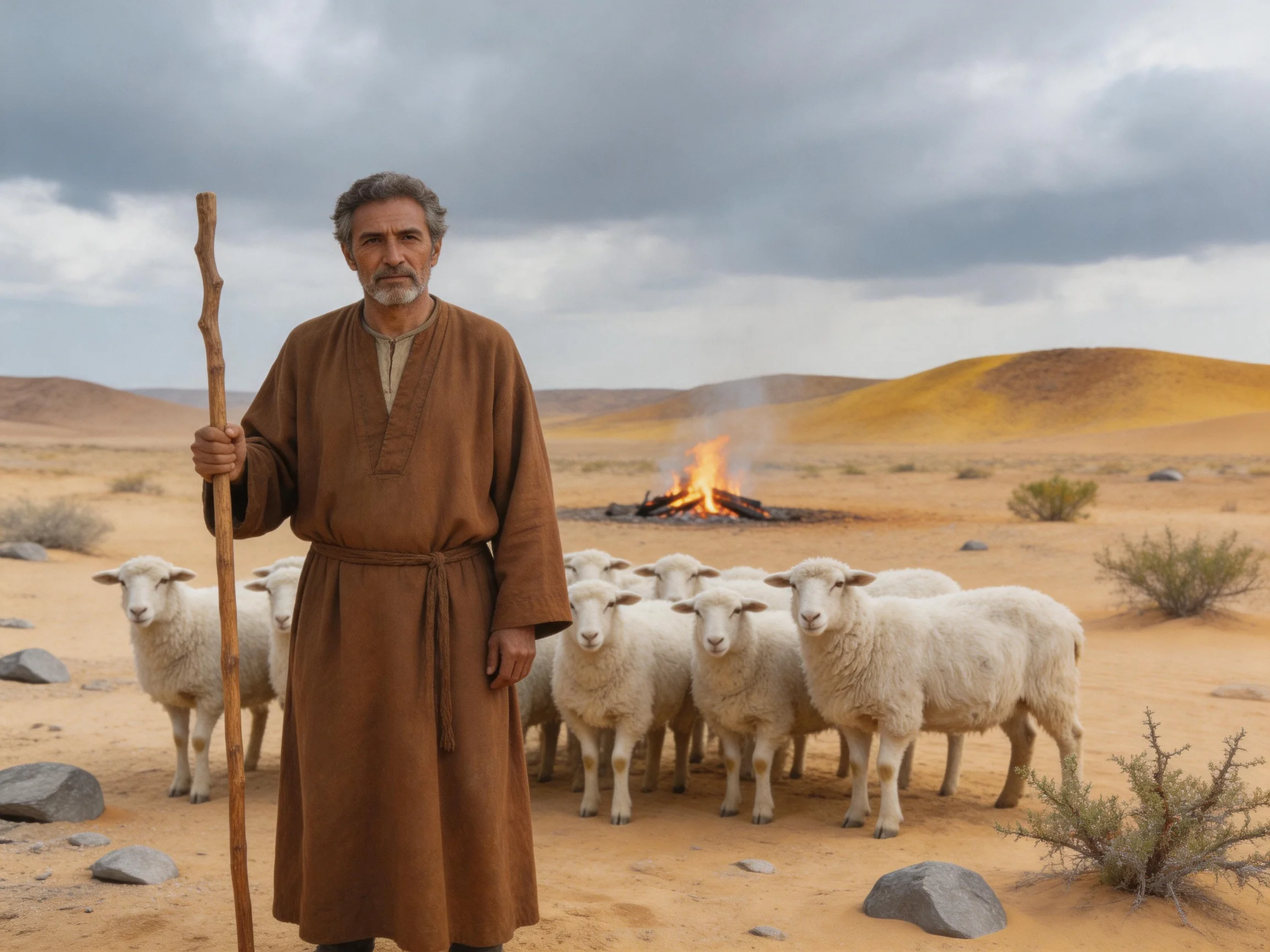 A shepherd in brown robes tends sheep near a campfire in a sandy desert
