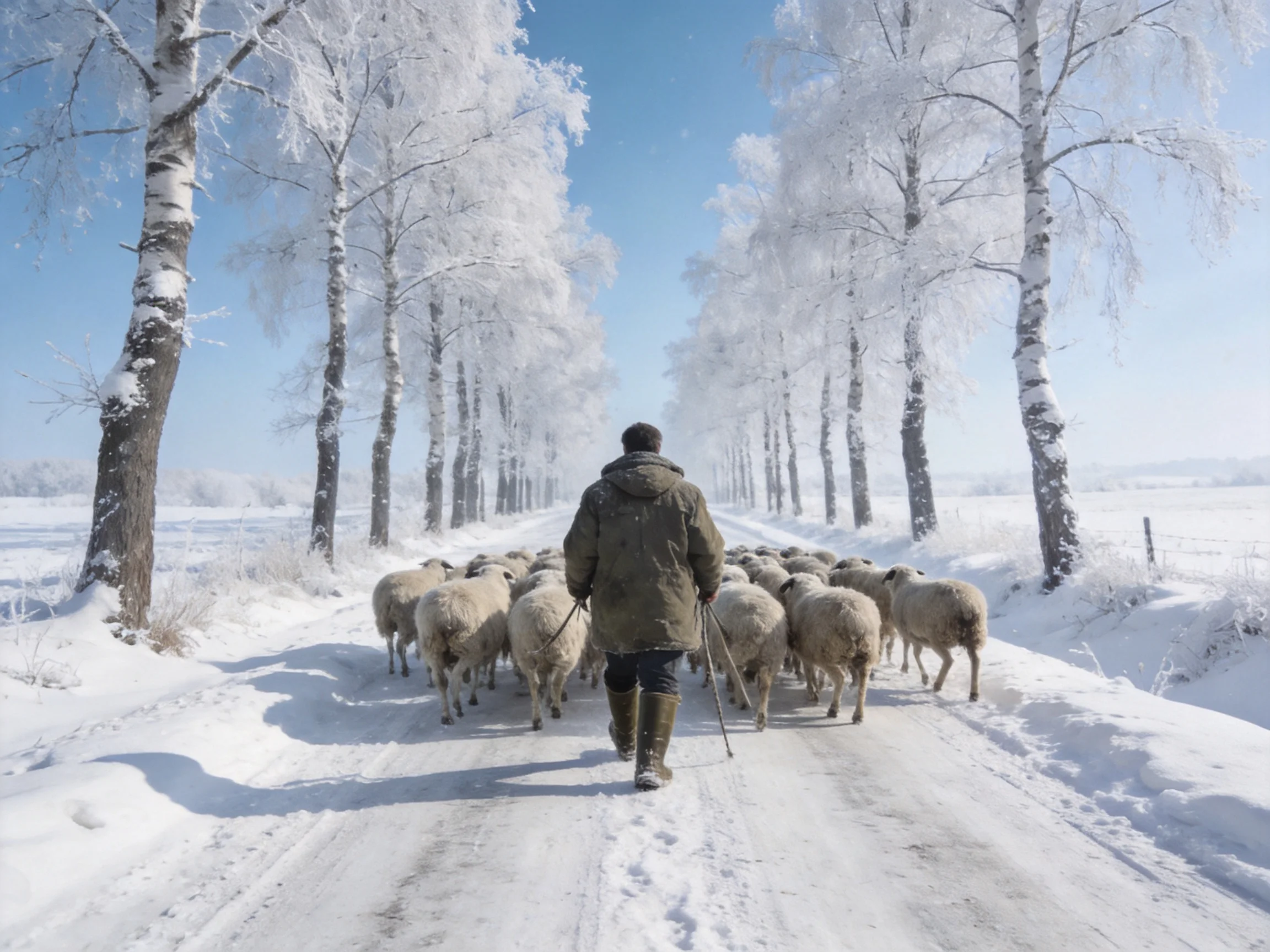A shepherd leads sheep through snow-covered path with frost-laden trees