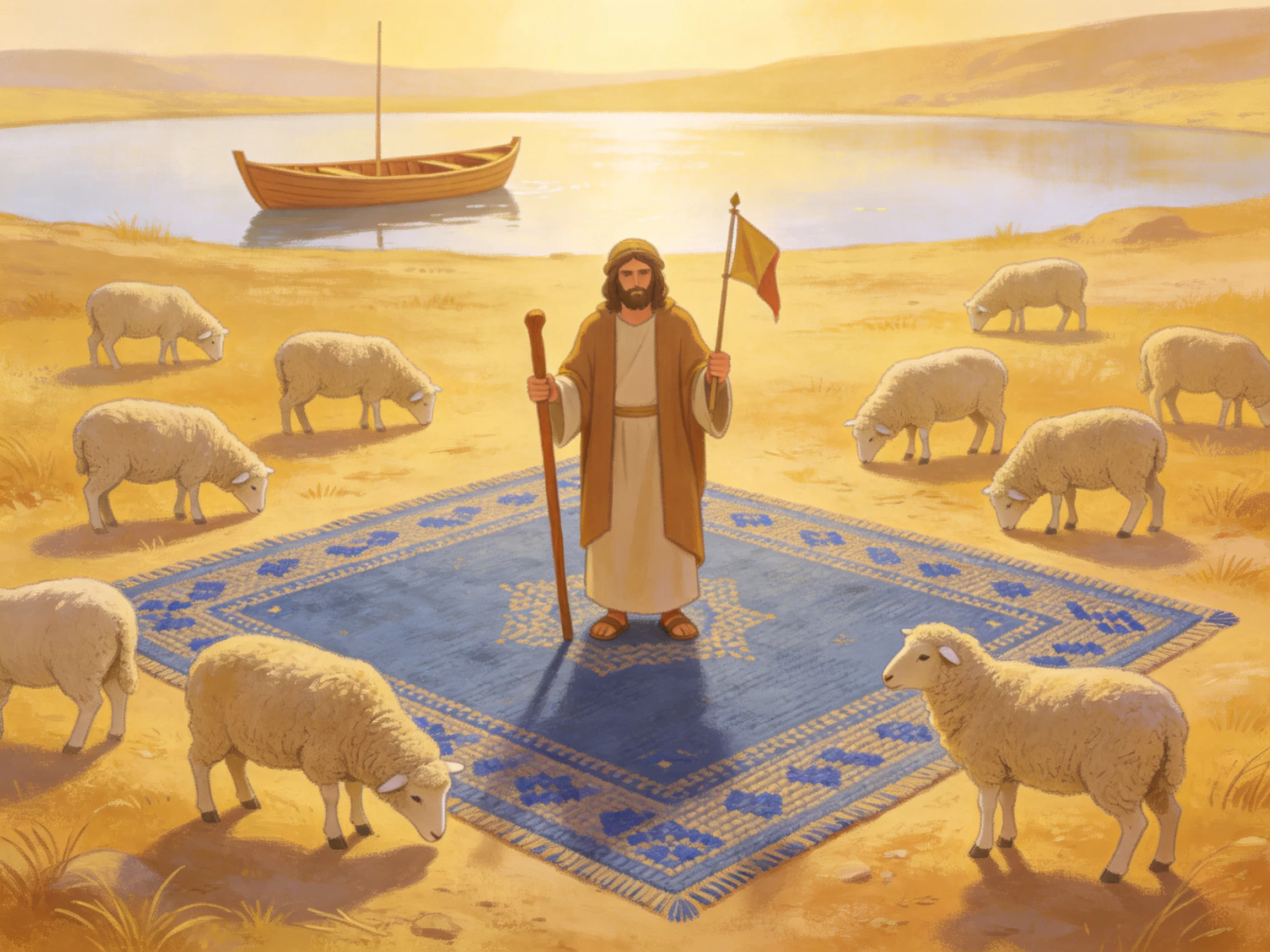 A shepherd stands on a blue rug among nine sheep near a lake