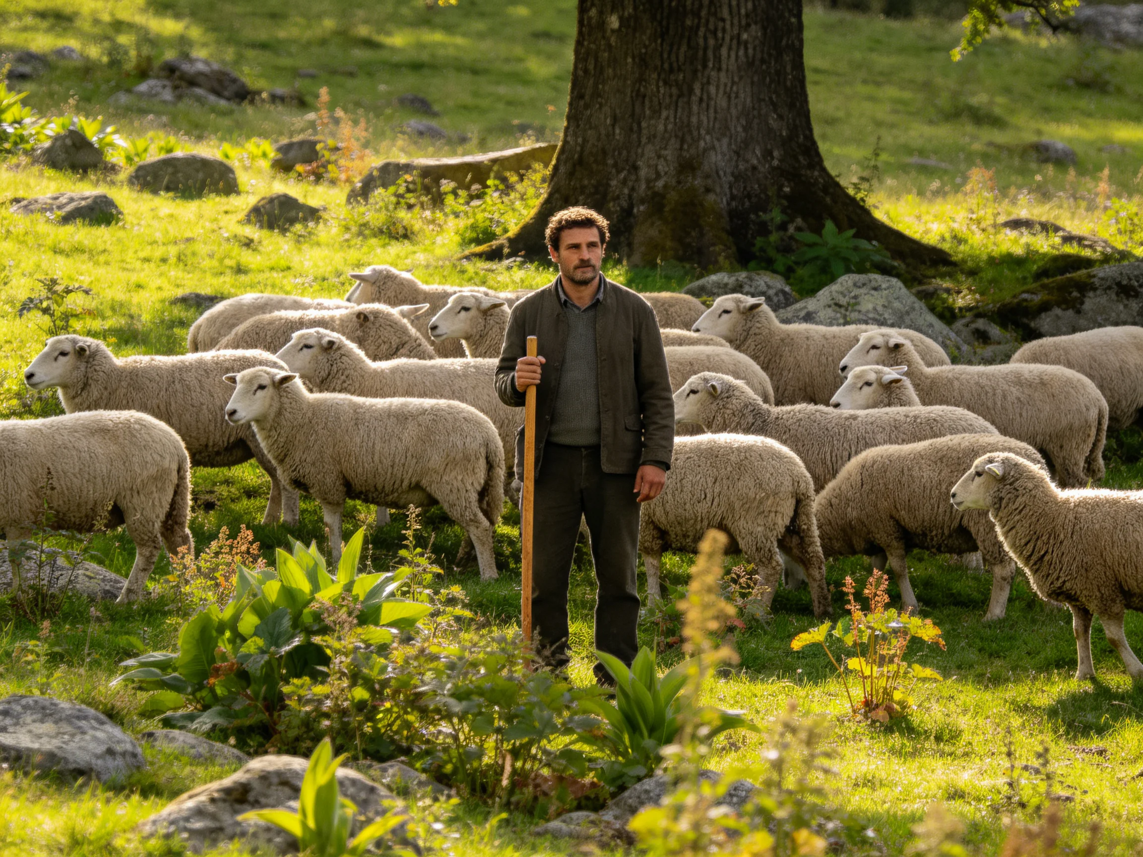 A shepherd surrounded by a flock of sheep near a large tree