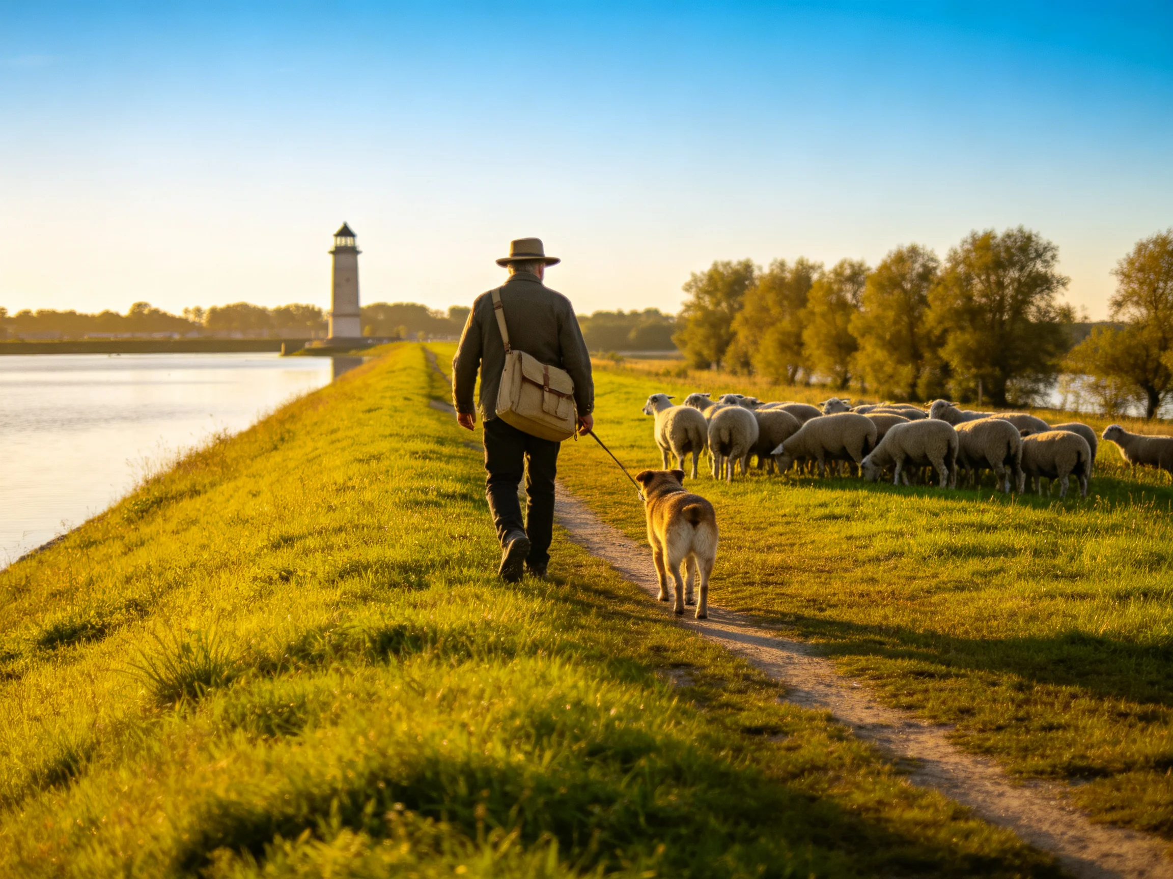 A shepherd walks a dog beside sheep on a grassy path near a lighthouse.