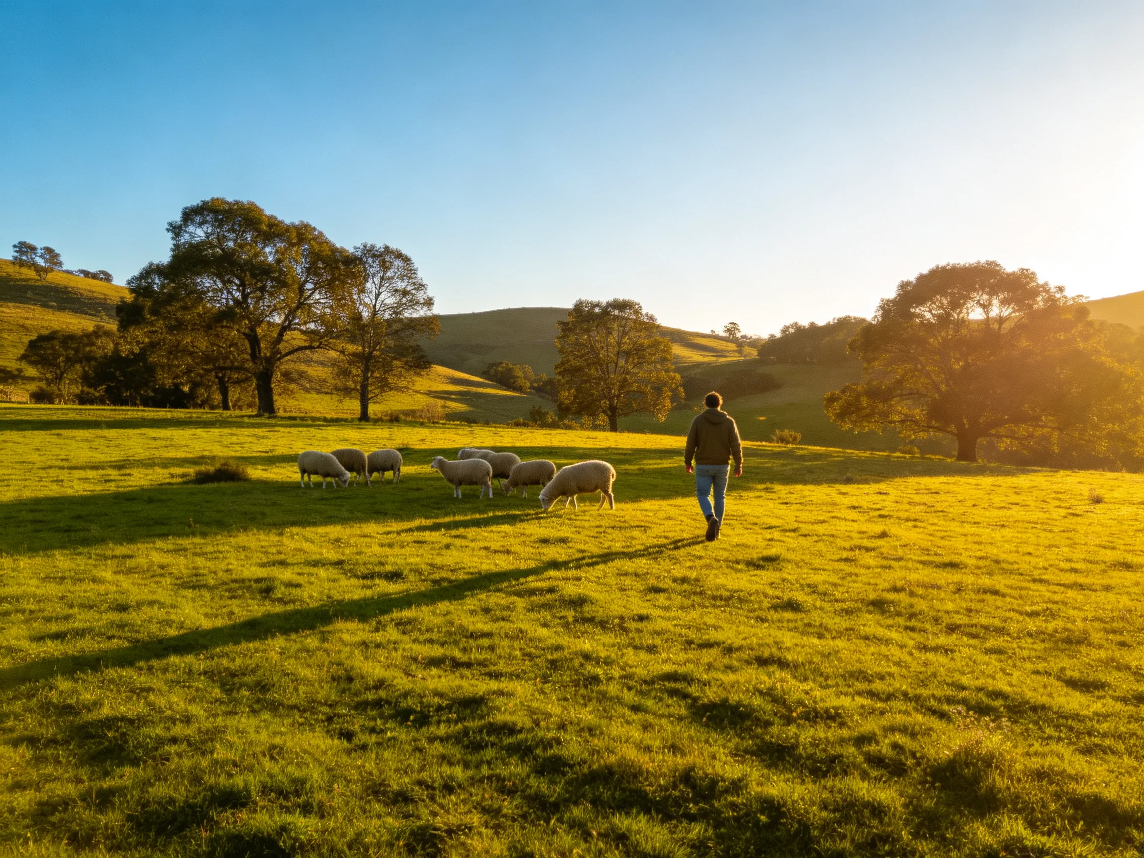 A shepherd walks near grazing sheep in golden meadow with rolling hills