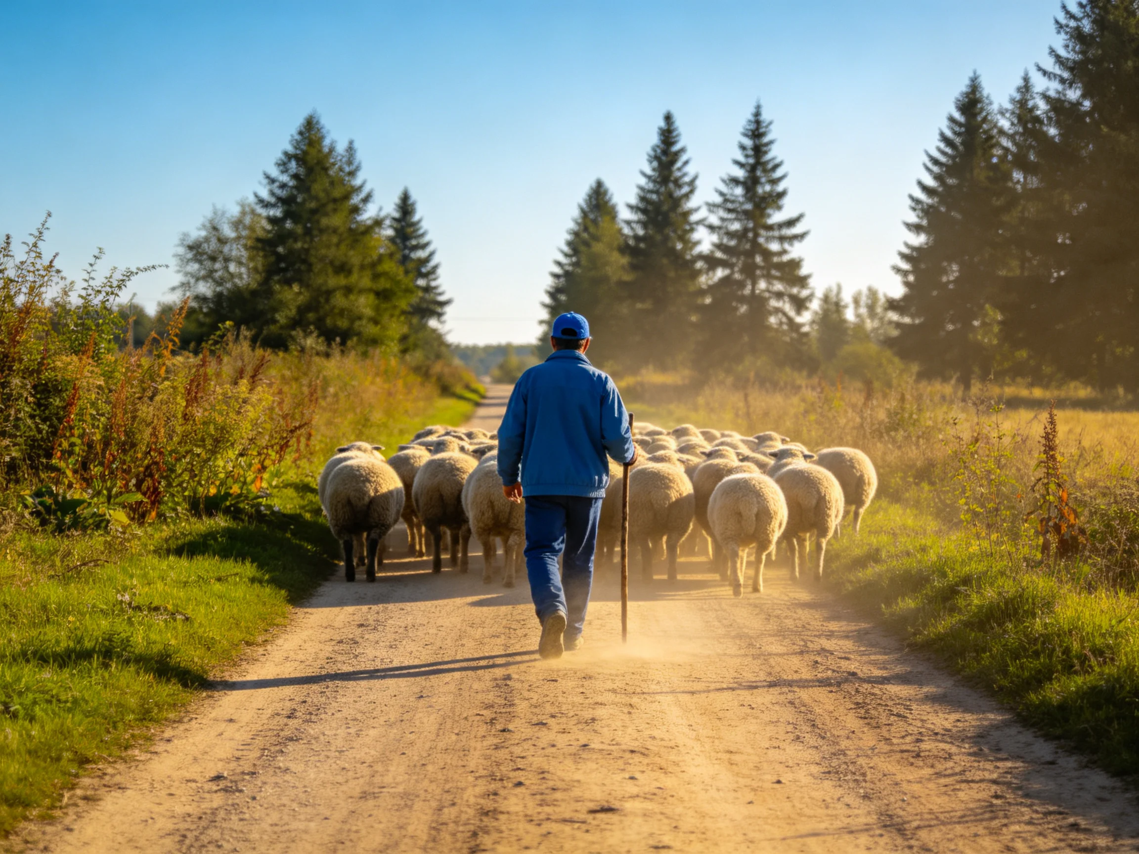 A shepherdherding sheep along a dusty country path