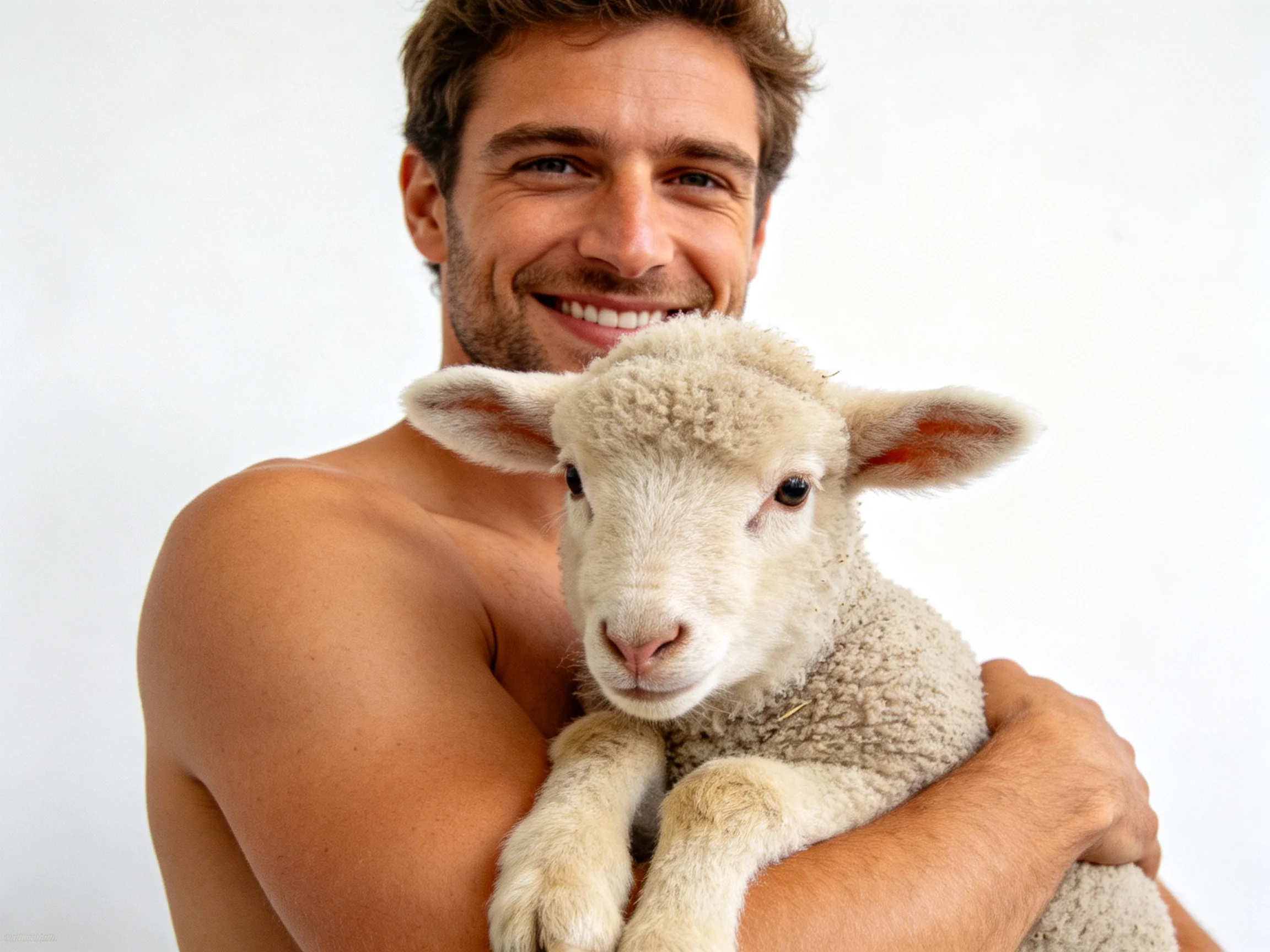 A shirtless man cradling a fluffy white lamb against a plain backdrop