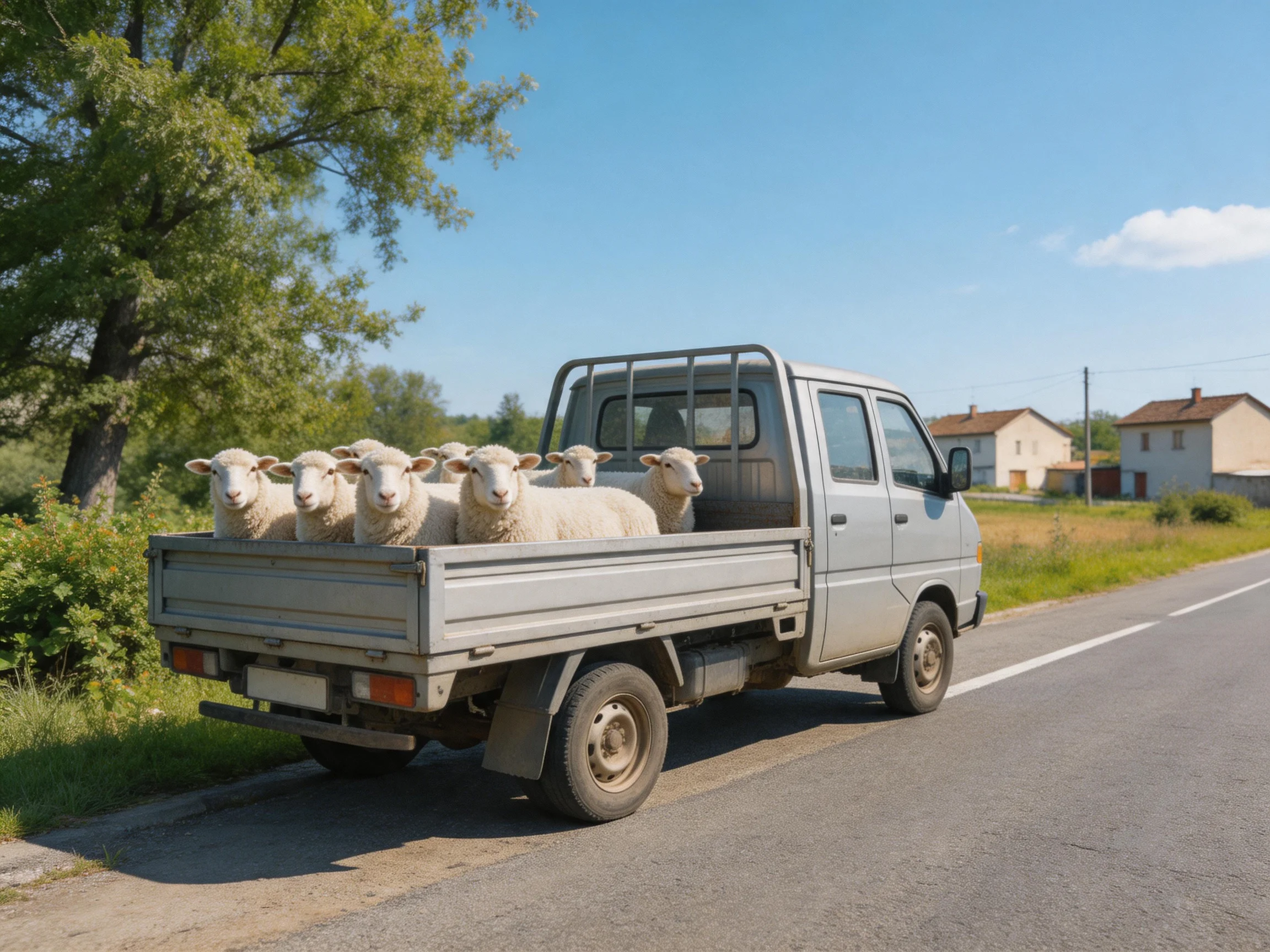 A silver pickup truck carrying several white sheep along a rural road
