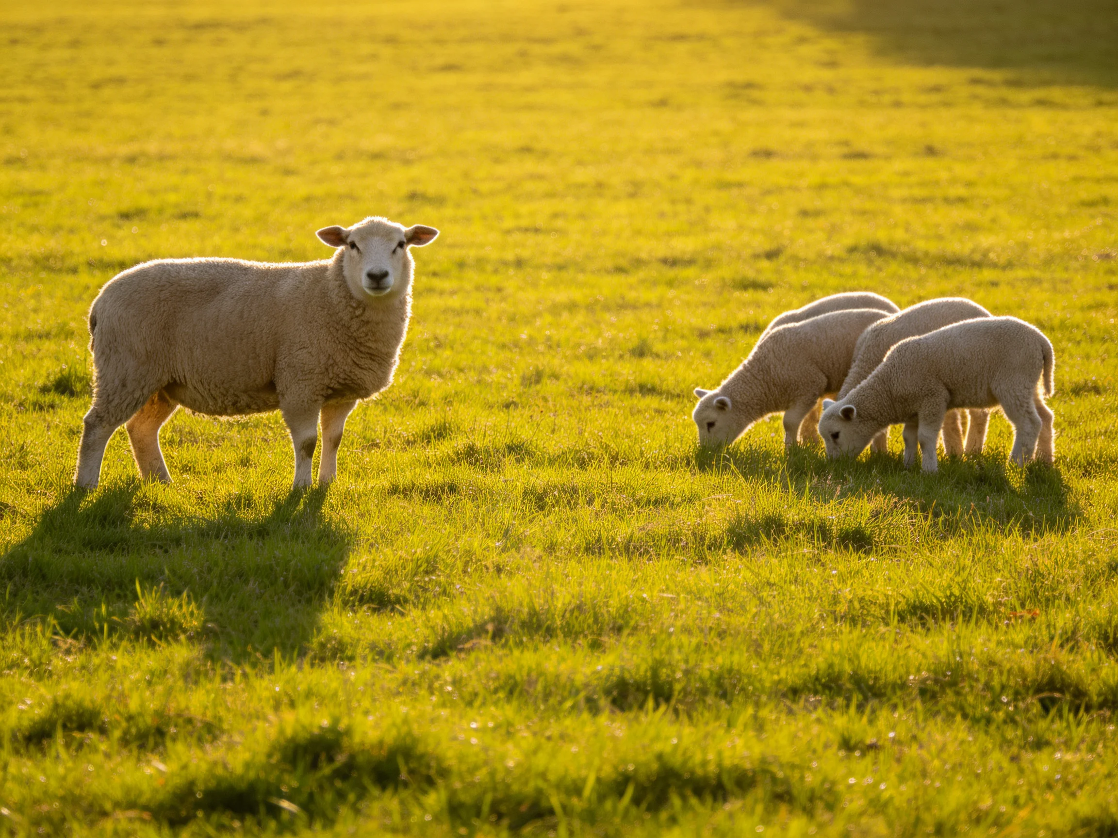 A single adult sheep watches over three lambs in a golden meadow