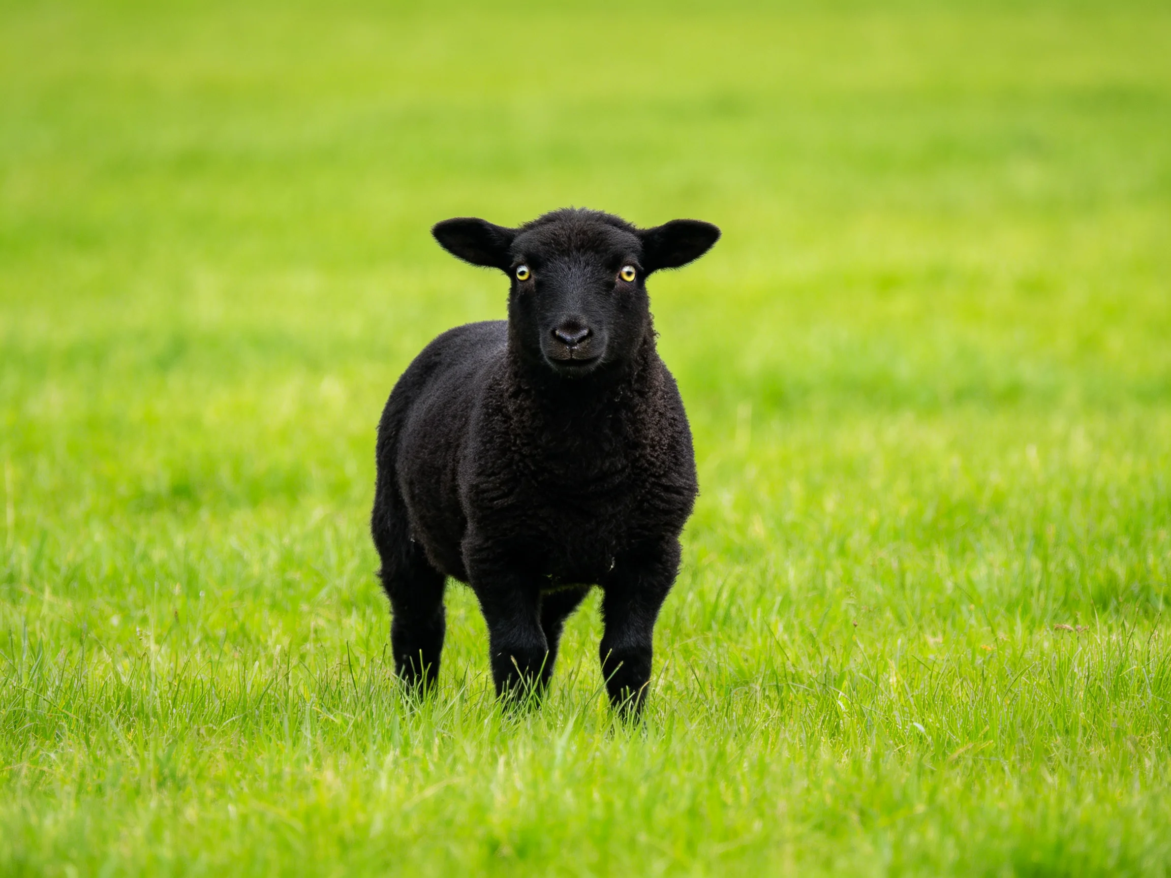 A black lamb stands in a green field.