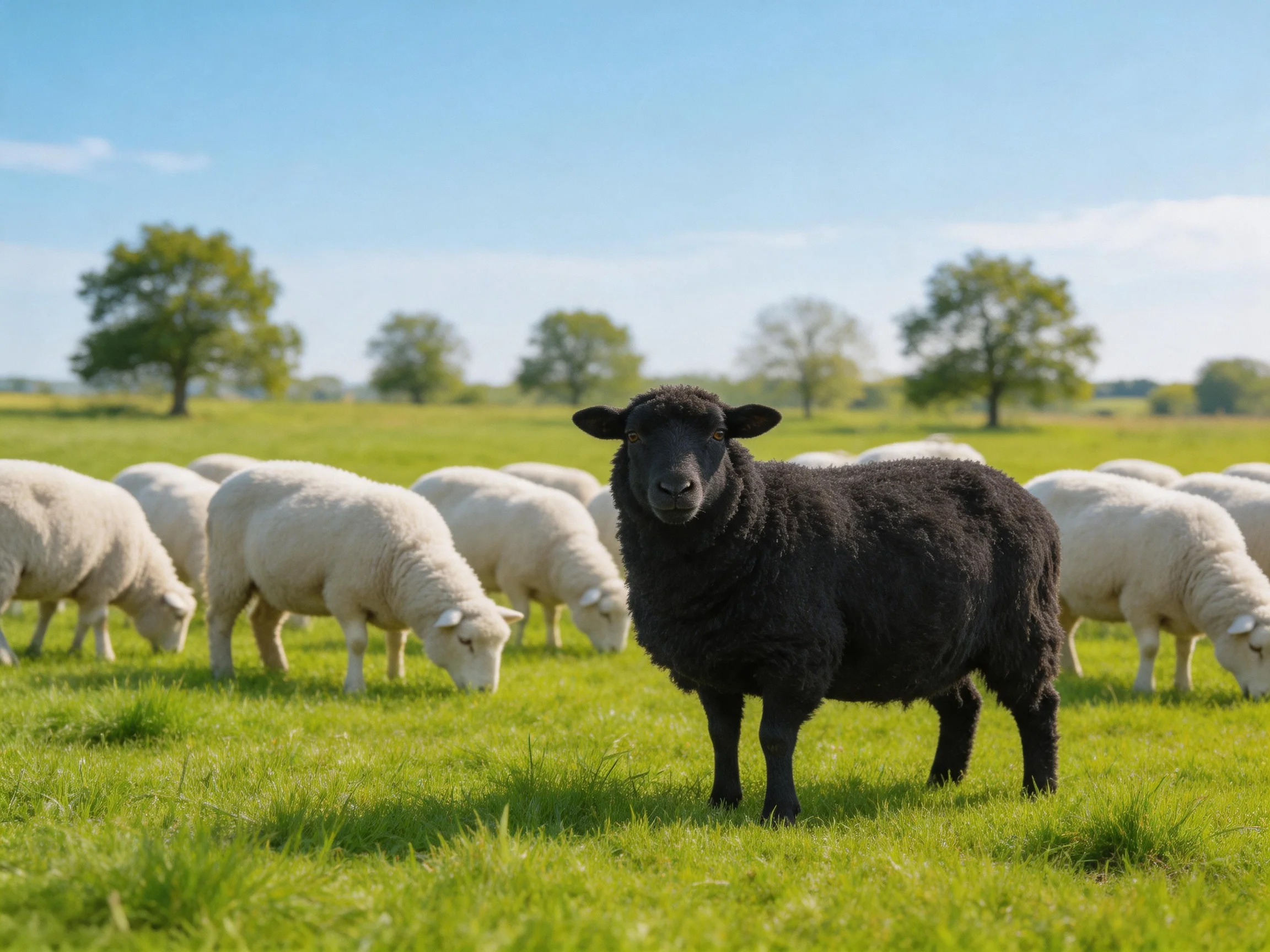 A single black sheep stands among numerous white sheep in a lush green pasture