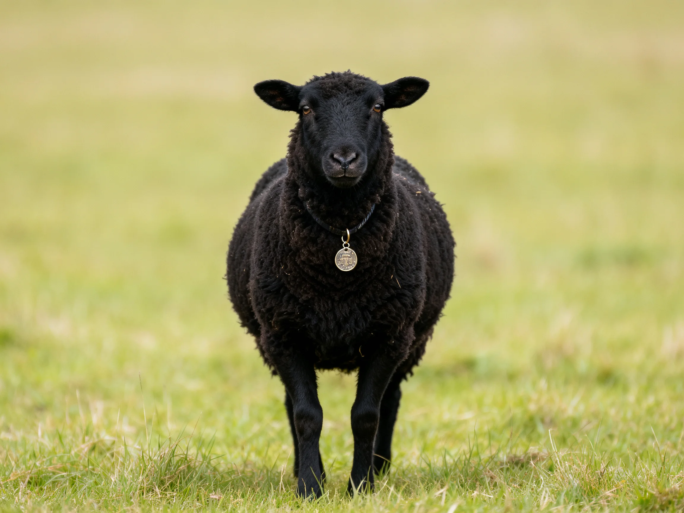 A black sheep stands alone in a grassy field.