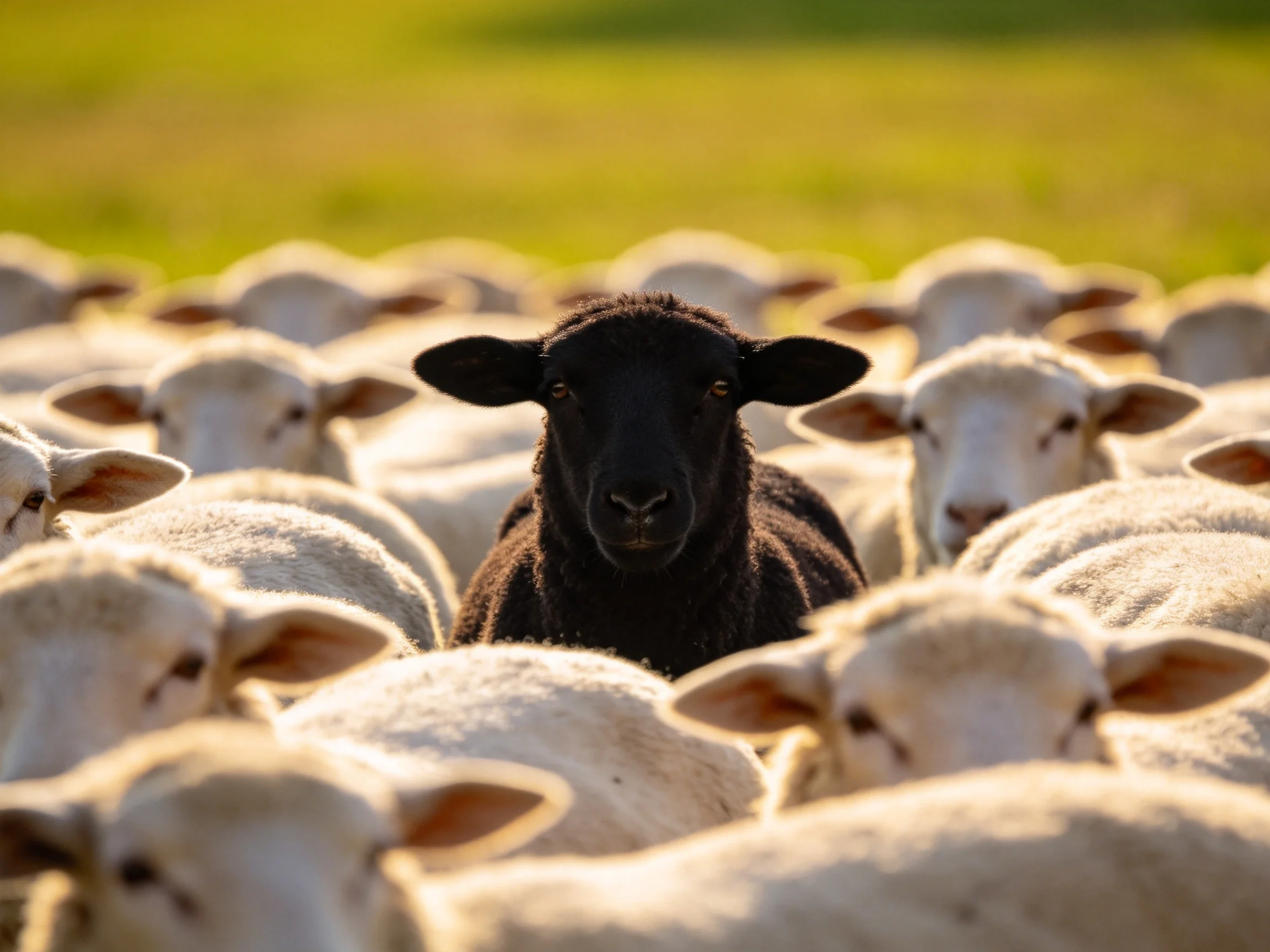 A single black sheep surrounded by many white sheep in a sunlit field