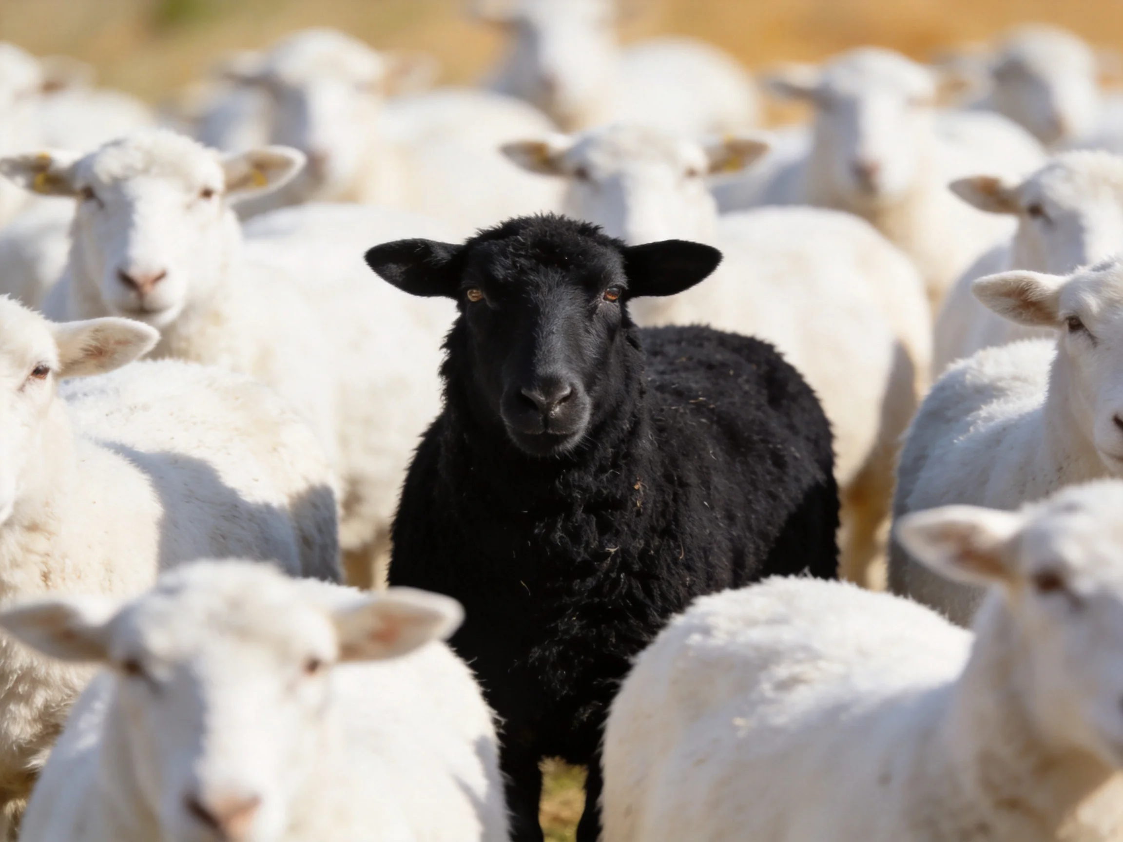 A single black sheep surrounded by many white sheep in a sunlit pasture