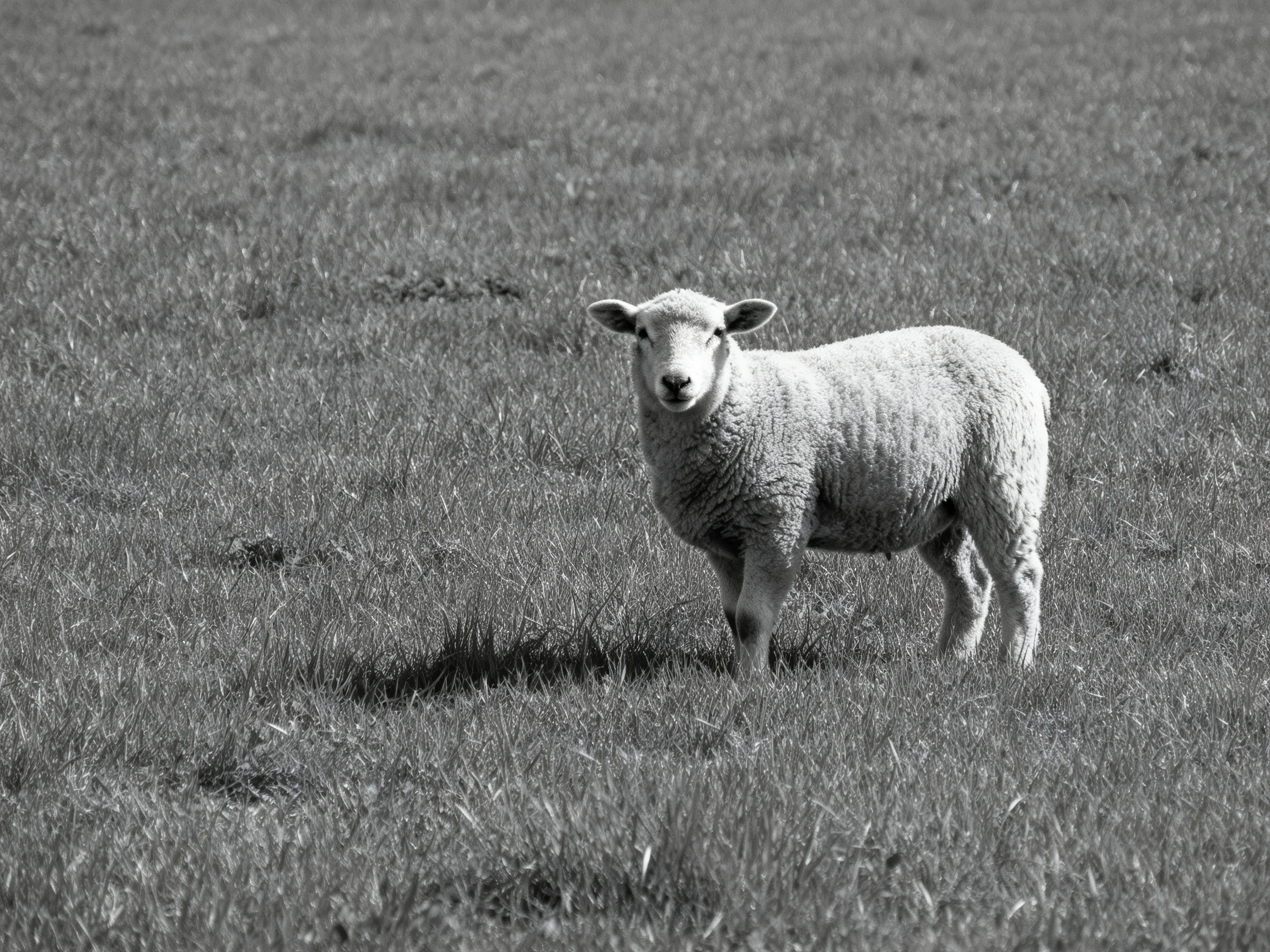 A single lamb stands alone in an open grassy field