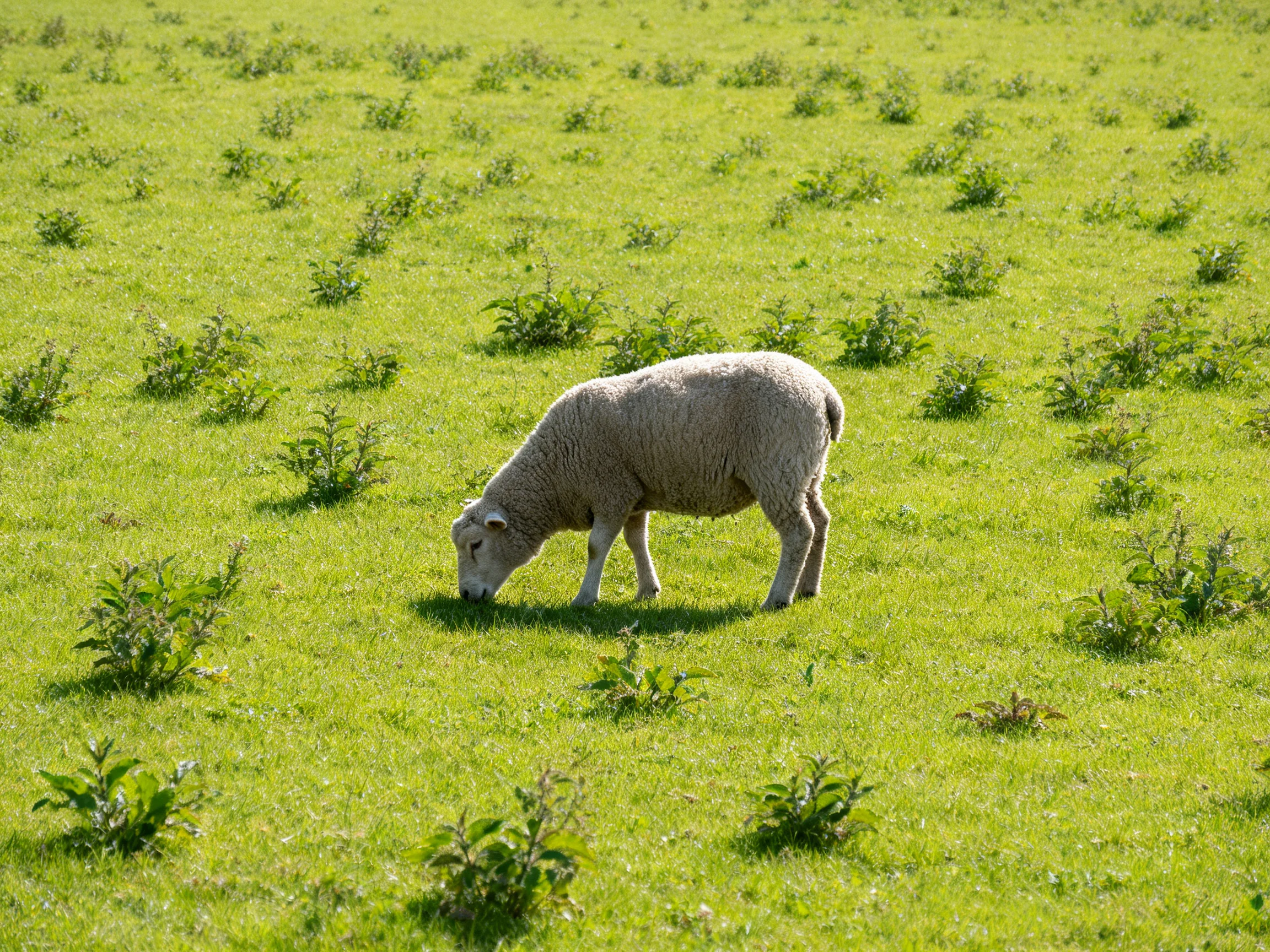 A single sheep grazing in a lush green meadow with scattered shrubs