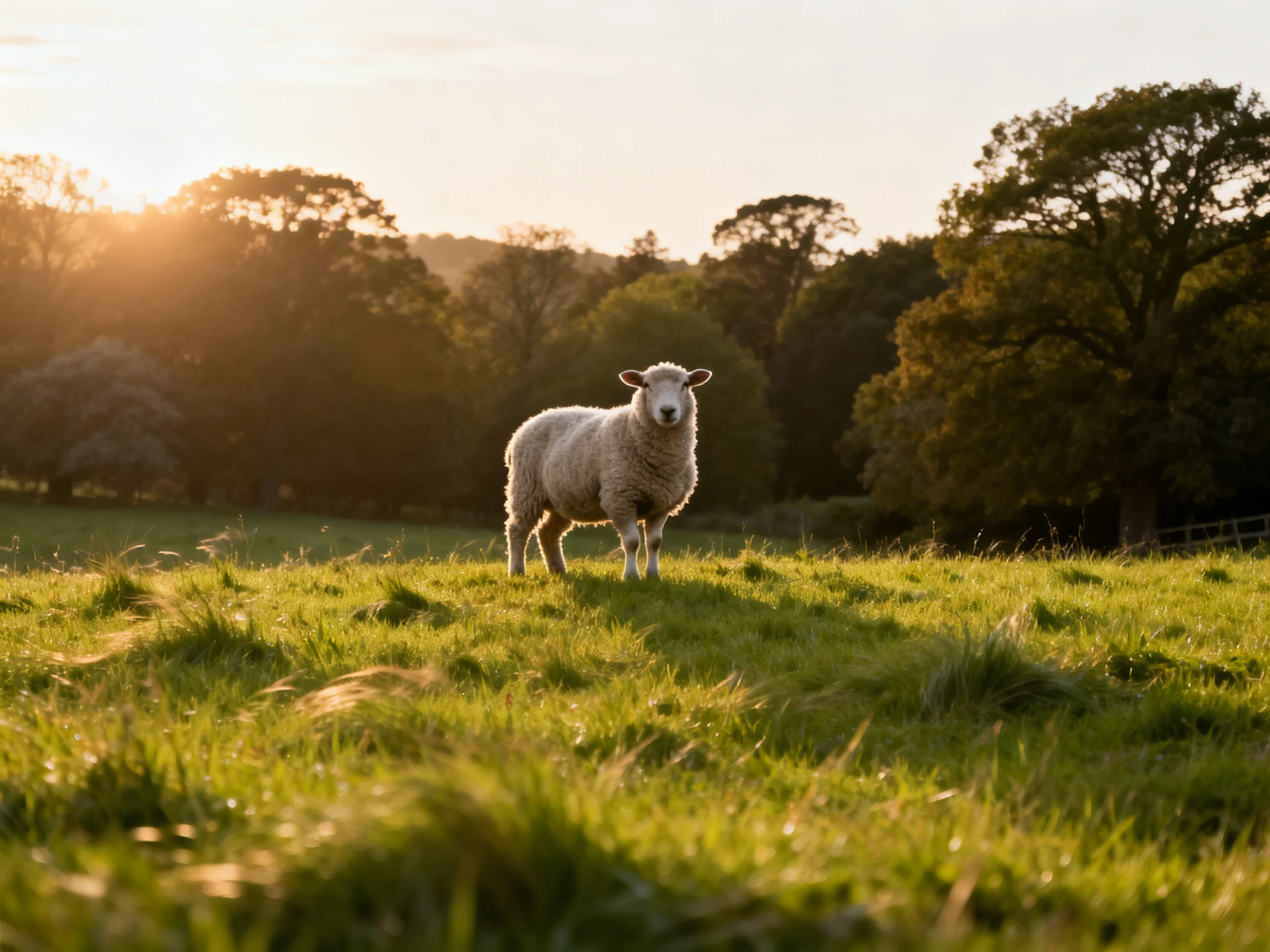 A single sheep in a sunlit green pasture