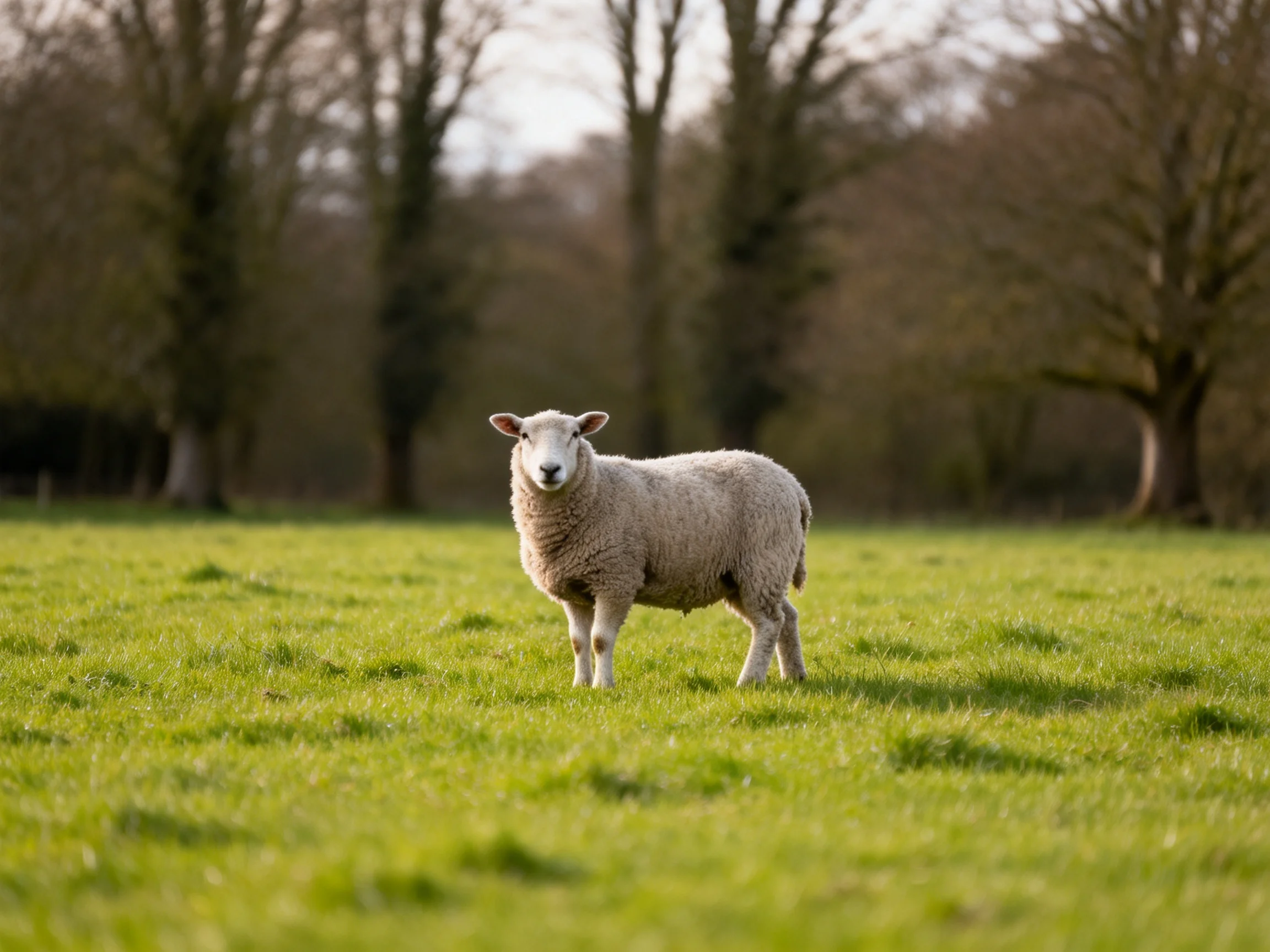 A single sheep stands in a lush green meadow near bare trees