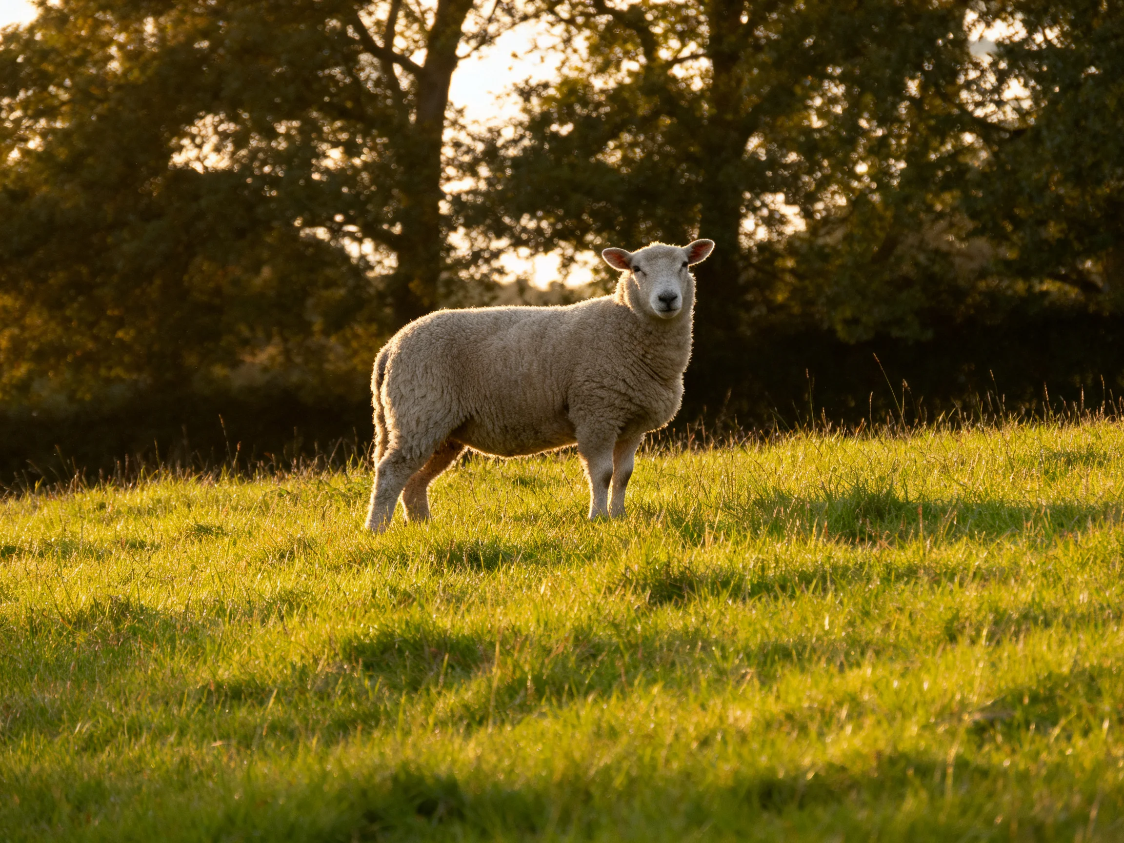 A single sheep stands in a sunlit green meadow near dark trees