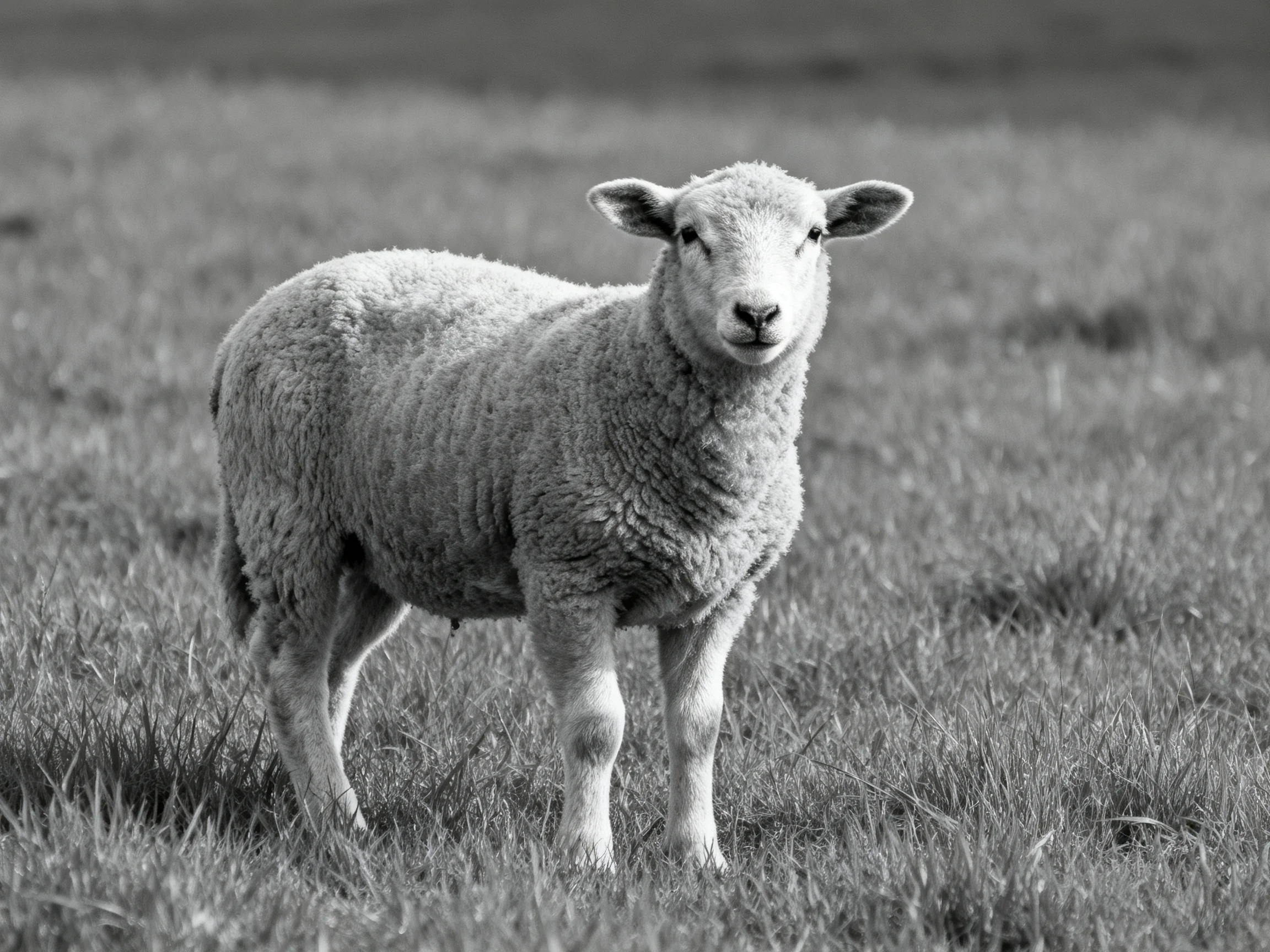 A single sheep stands in an expansive grassy field