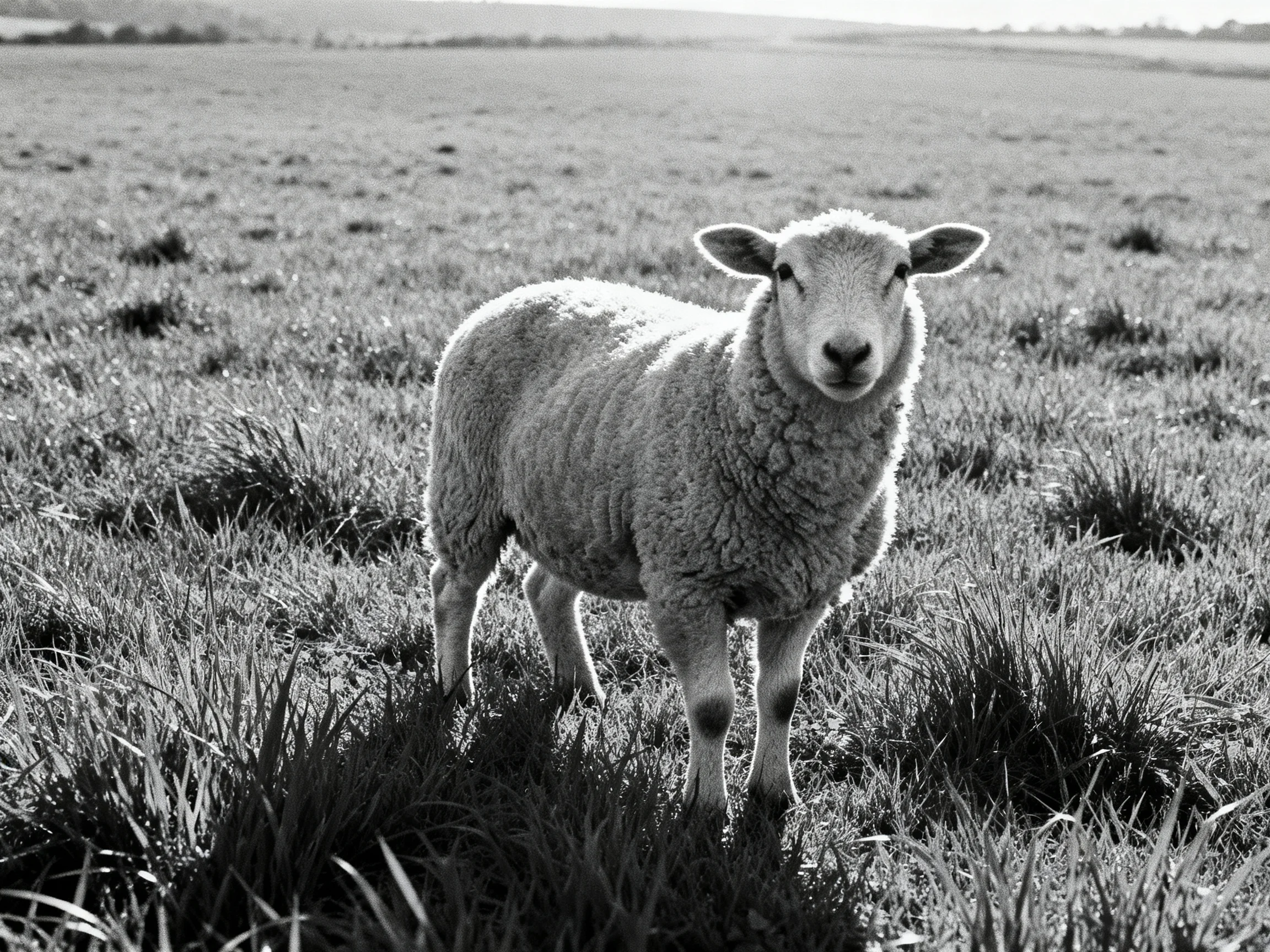 A single sheep stands in an expansive grassy field