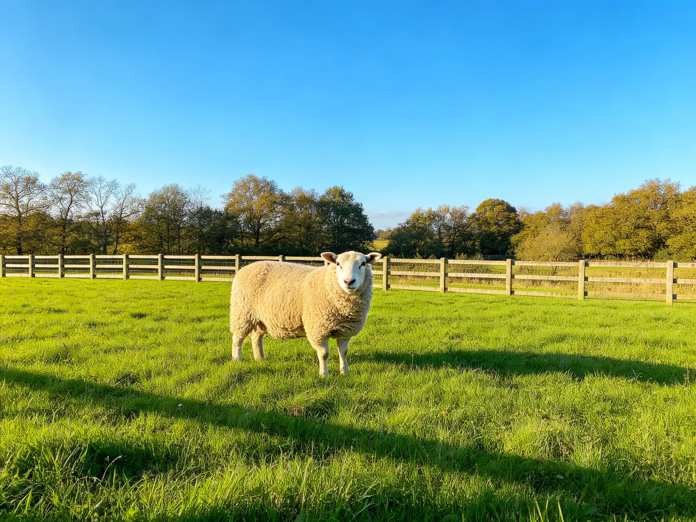 A single sheep stands ina lush green pasture near a wooden fence