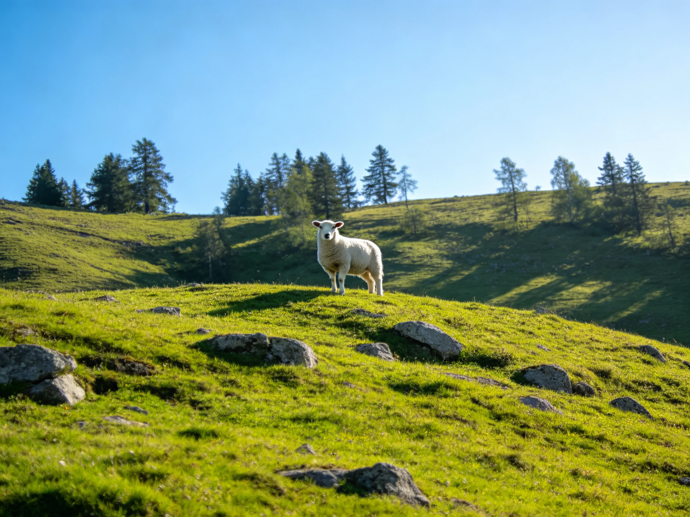 A single sheep stands on a rocky green hill with pine trees