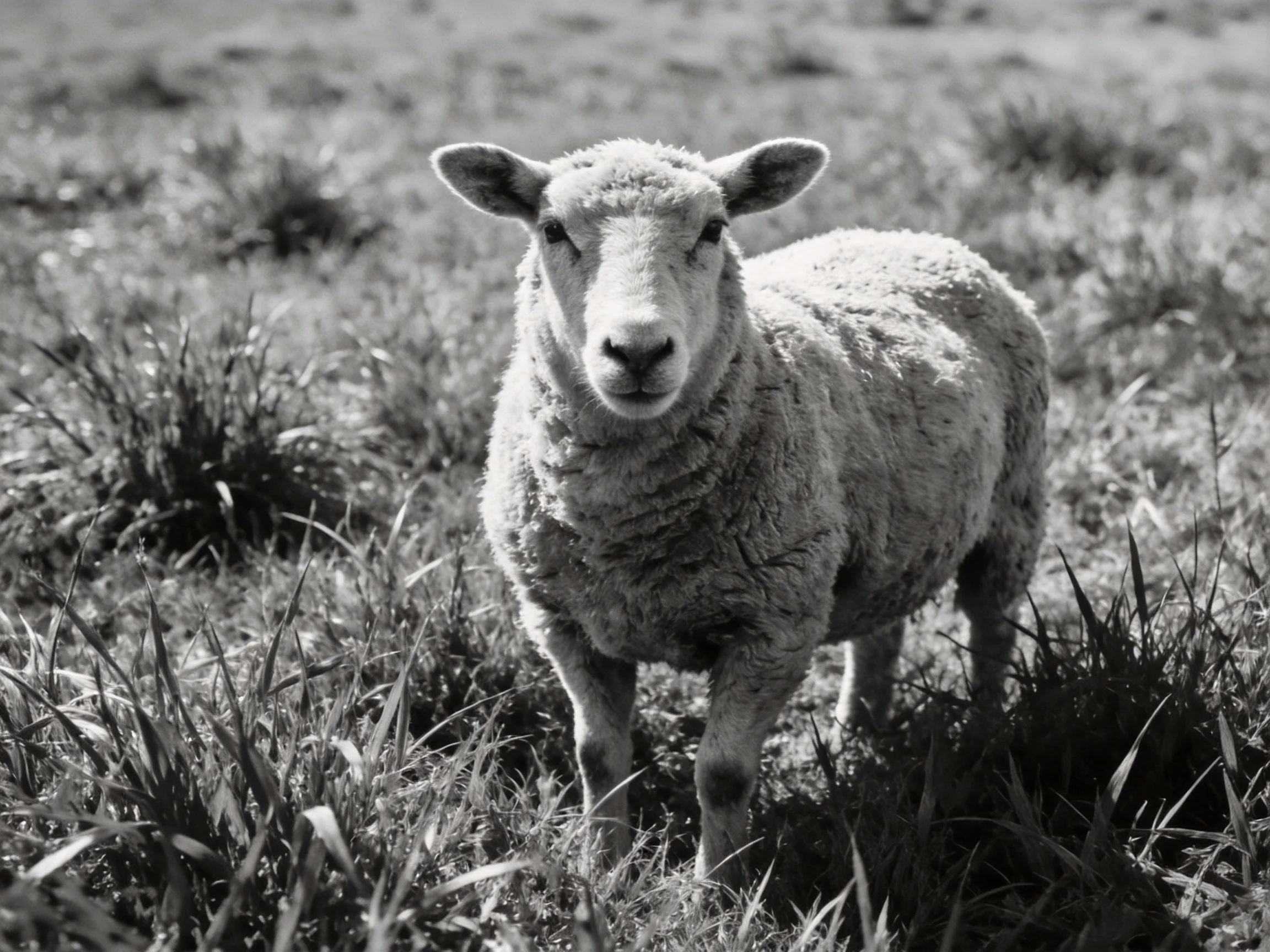 A single sheep with thick wool stands in a grassy field