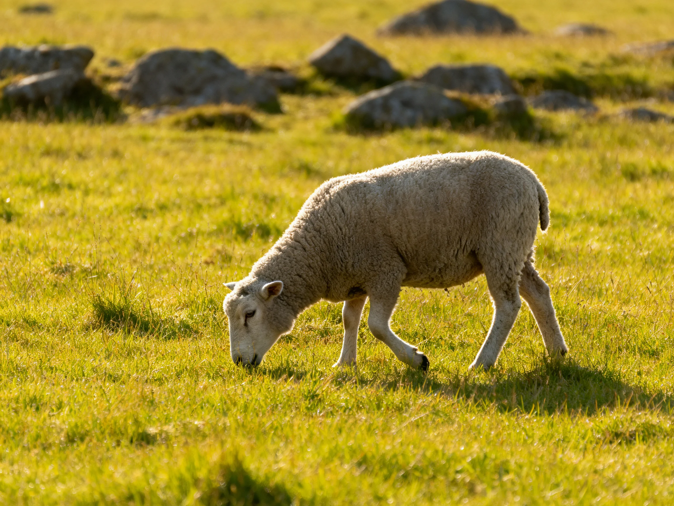 A single white lamb grazes in a sunlit green-yellow meadow with scattered rocks.
