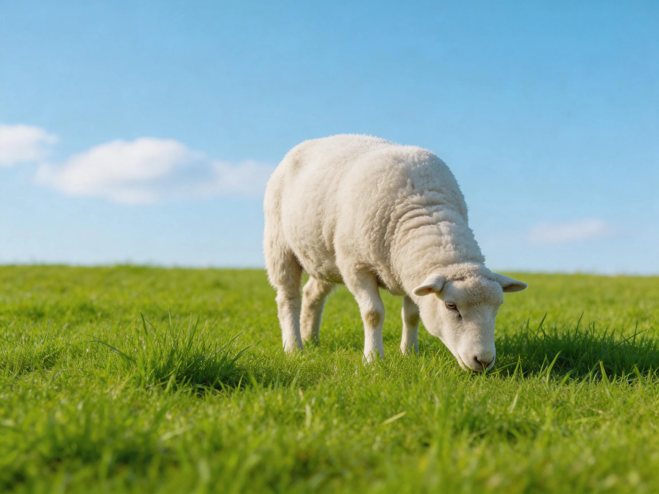 A single white lamb grazing in a lush green meadow under clear blue sky