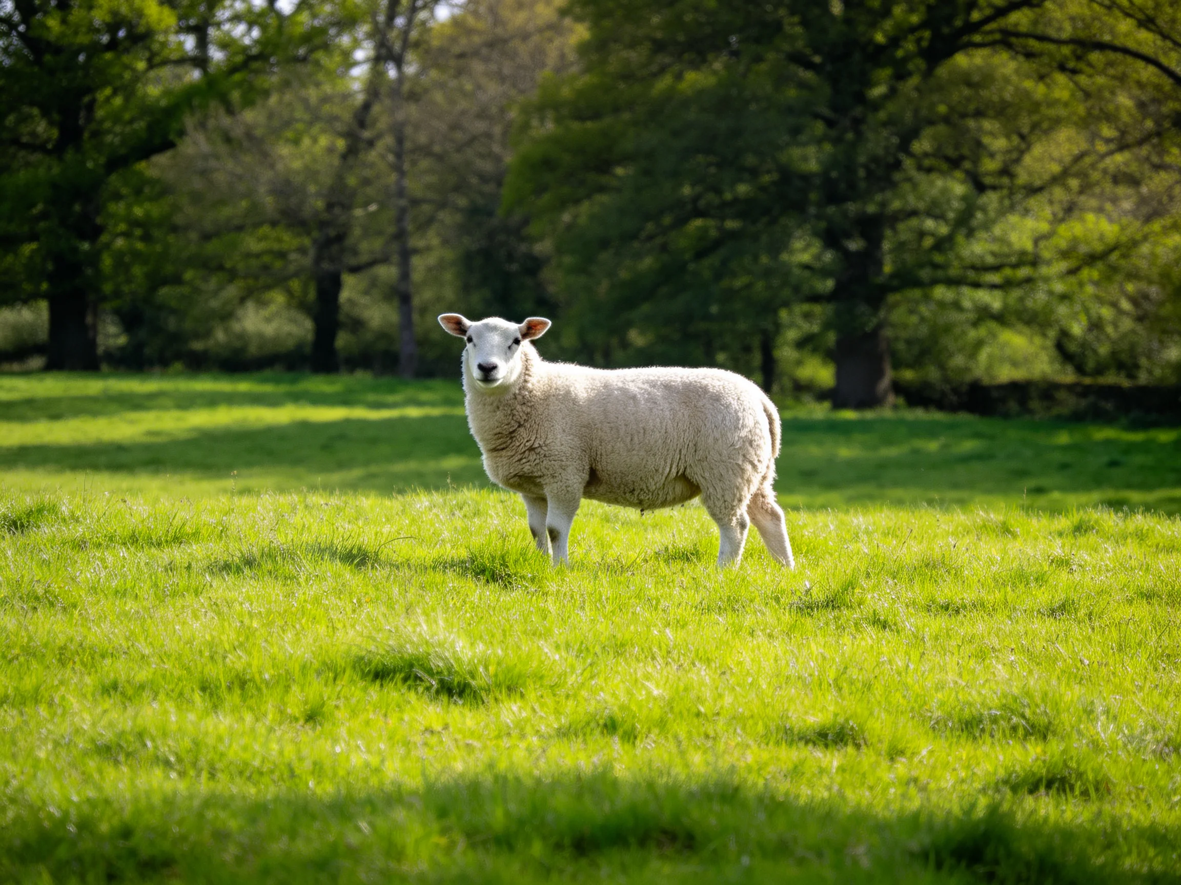 A single white lamb in a lush green meadow