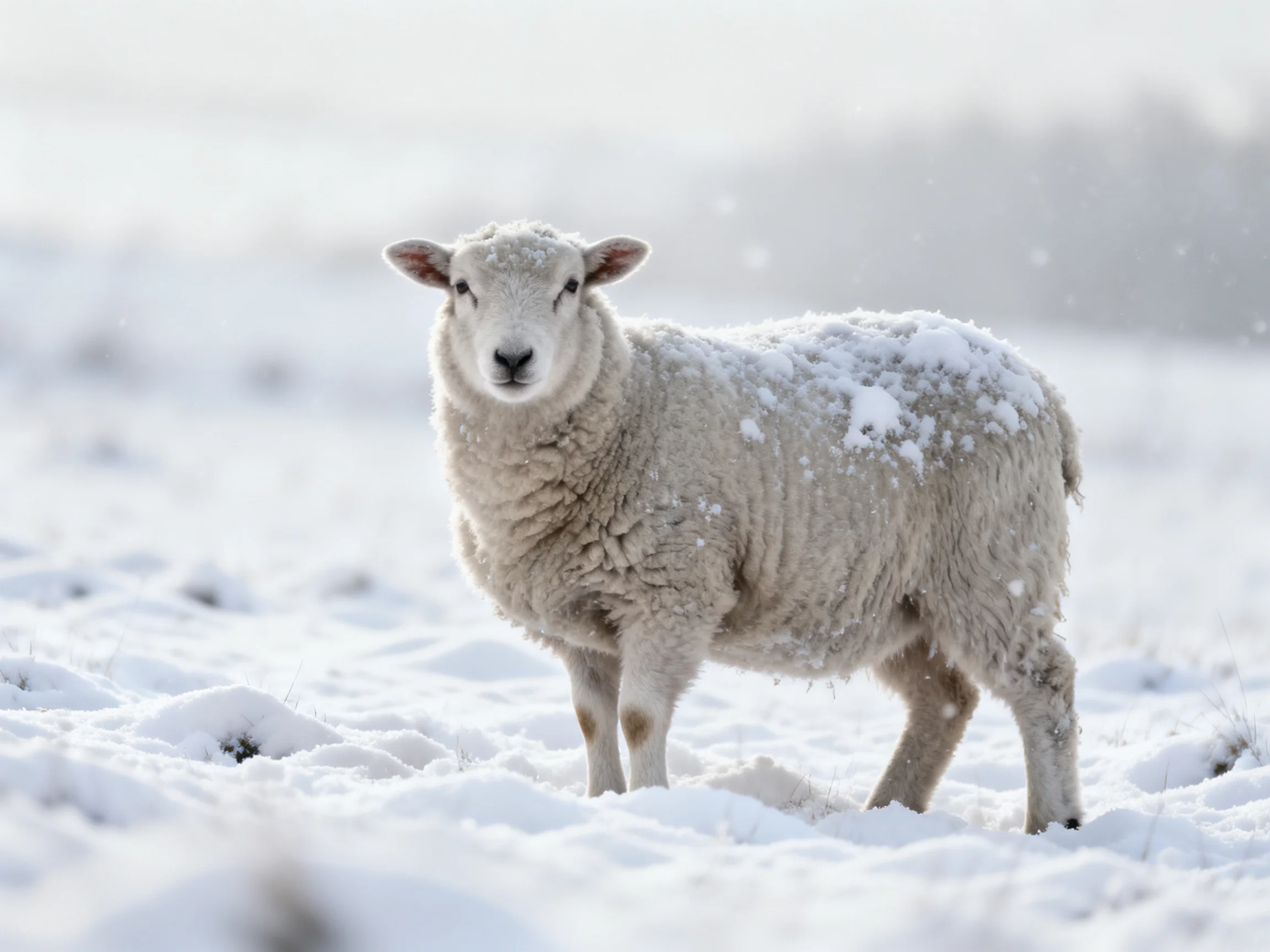 A single white lamb stands in a snowy field with falling snowflakes