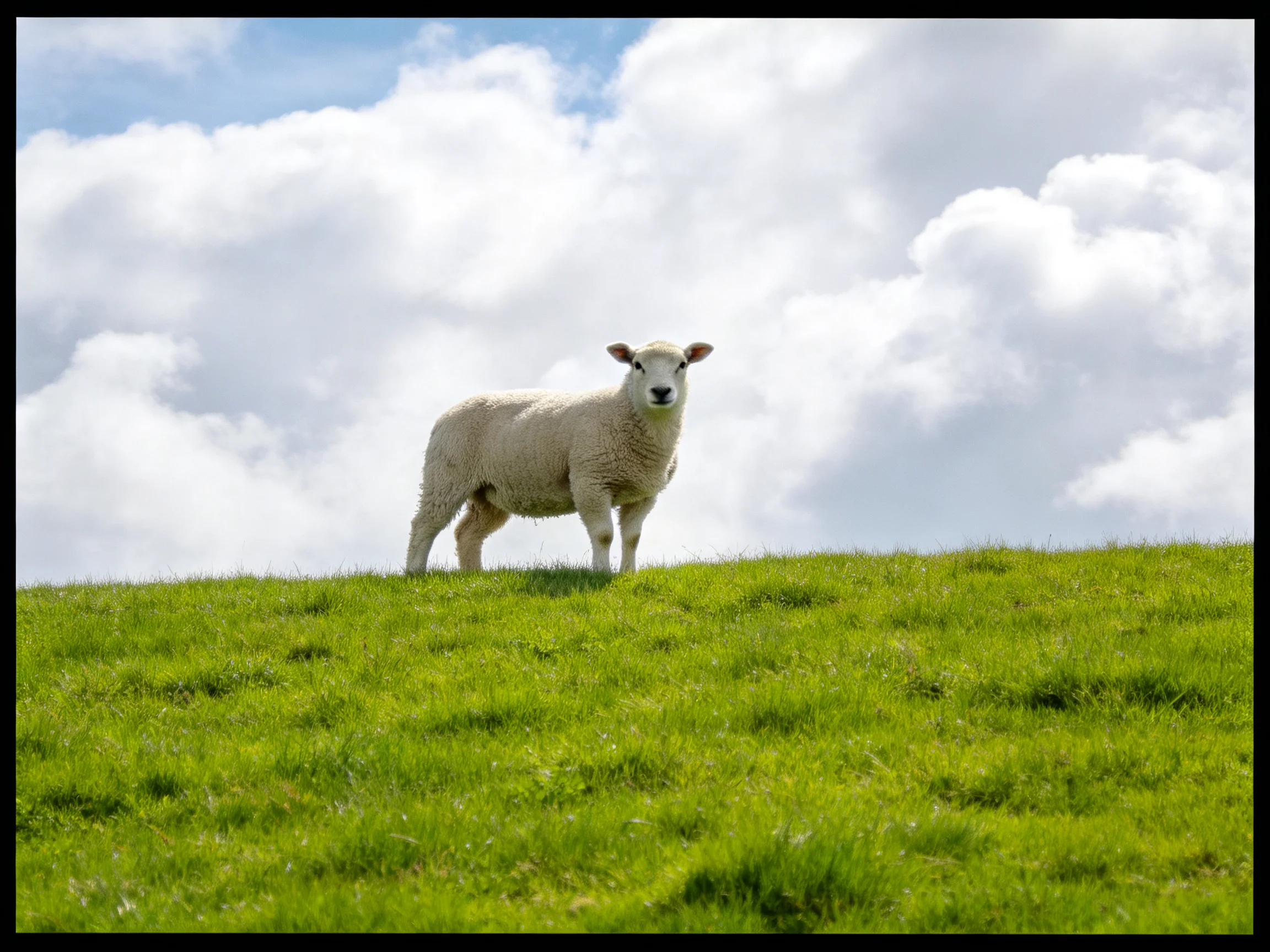 A single white lamb stands on a lush green hill under a bright sky with clouds