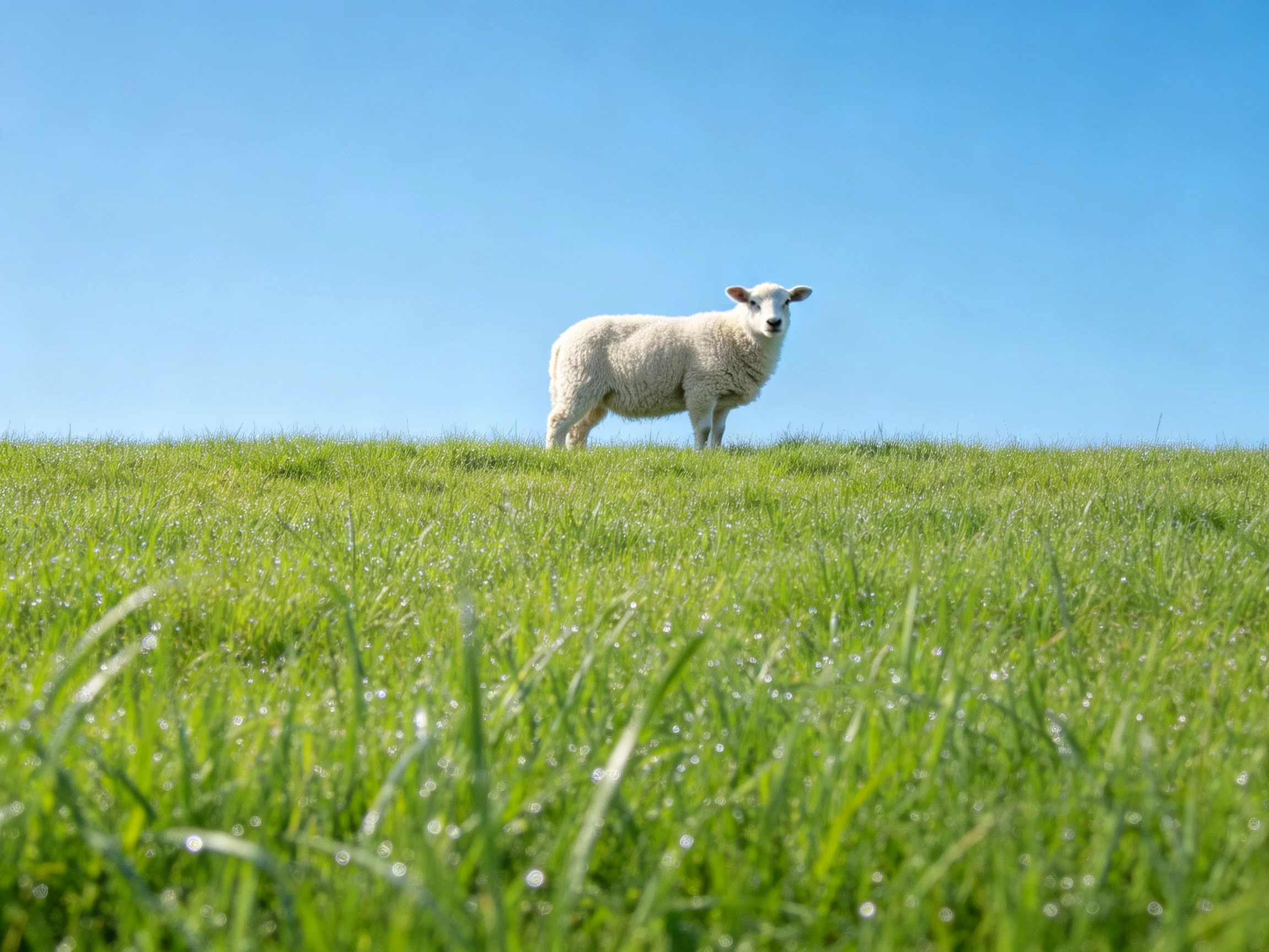 A single white lamb stands in a lush green field beneath a clear blue sky.