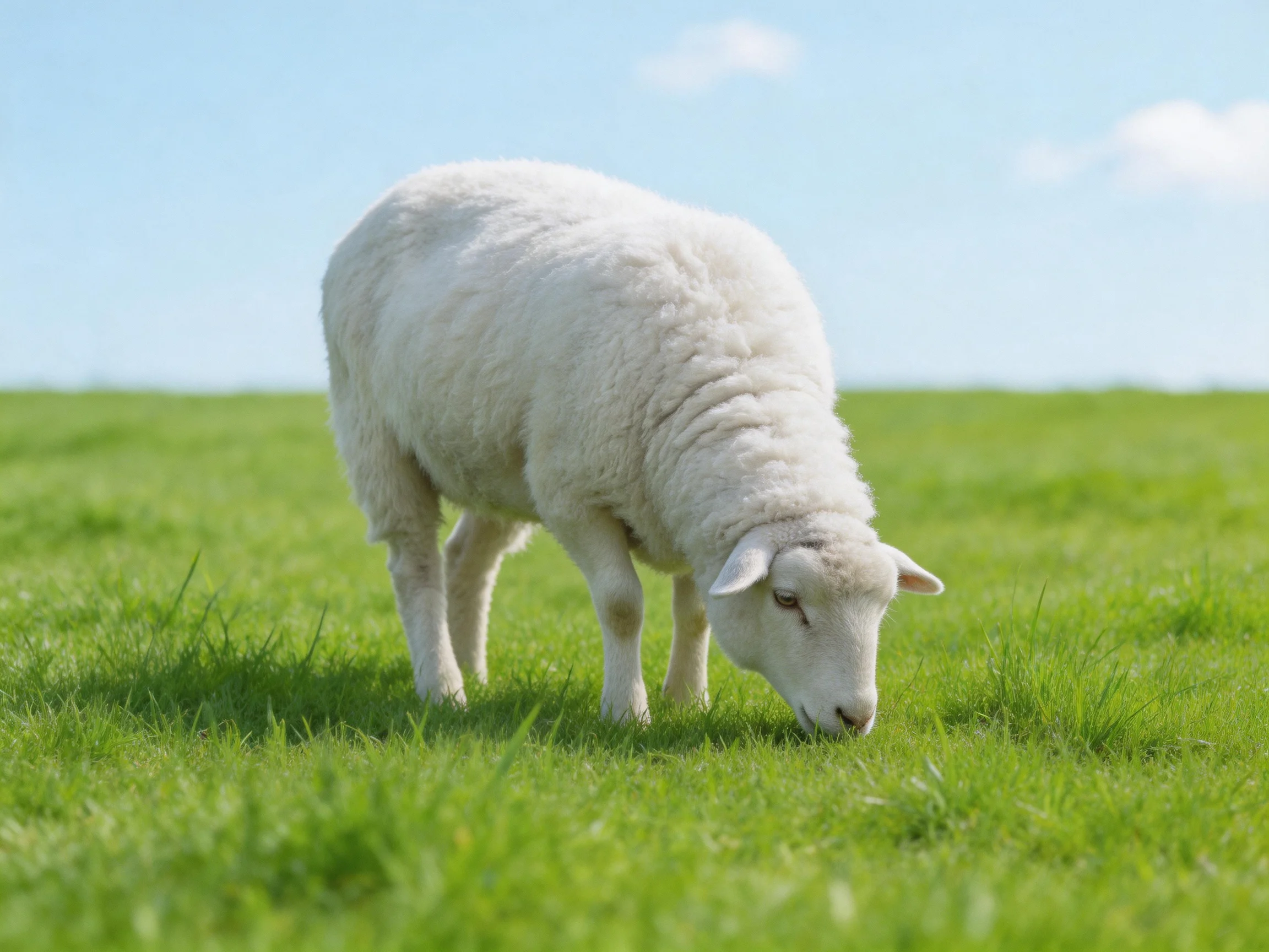 A single white sheep grazing in a lush green meadow