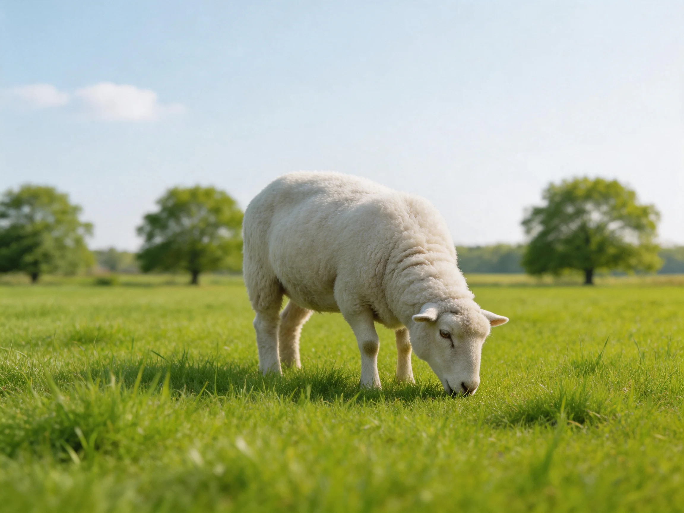 A single white sheep grazing in a lush green meadow with distant trees