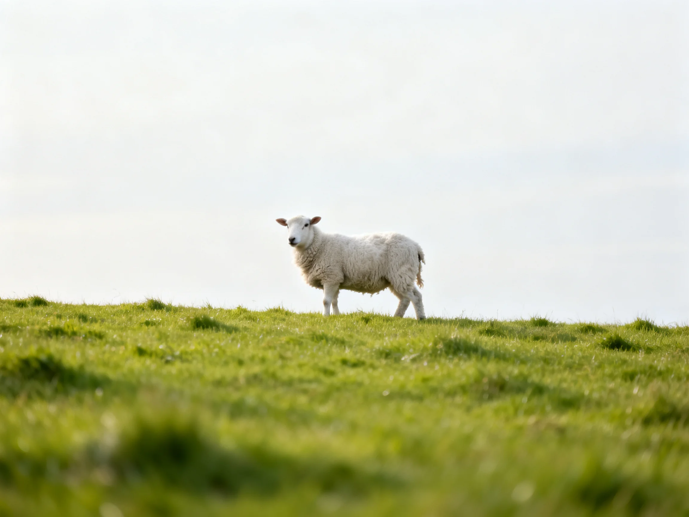 A single white sheep stands alone on a grassy hill under a bright sky.