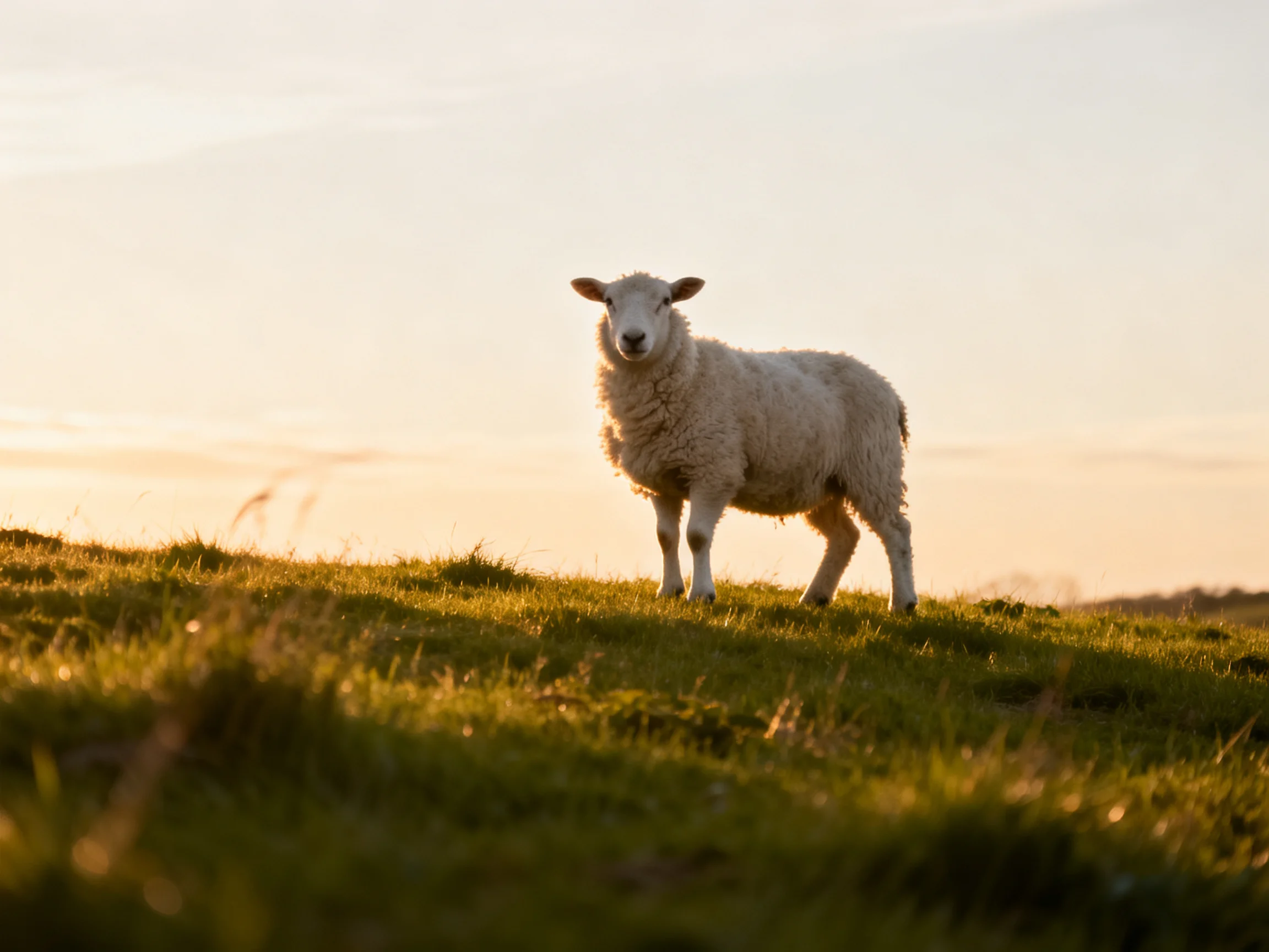 A singlewhite sheep stands on a sunlit grassy hilltop