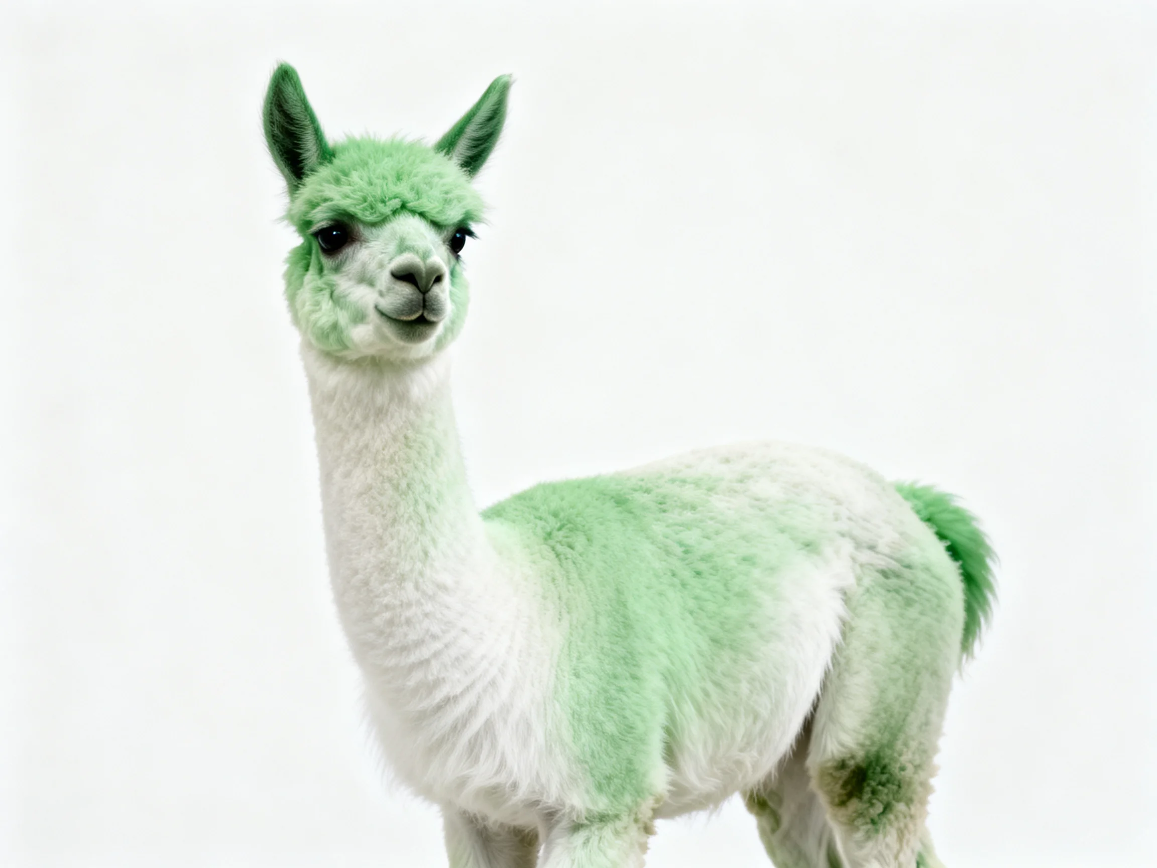 A small alpaca with green and white fur against a plain white background