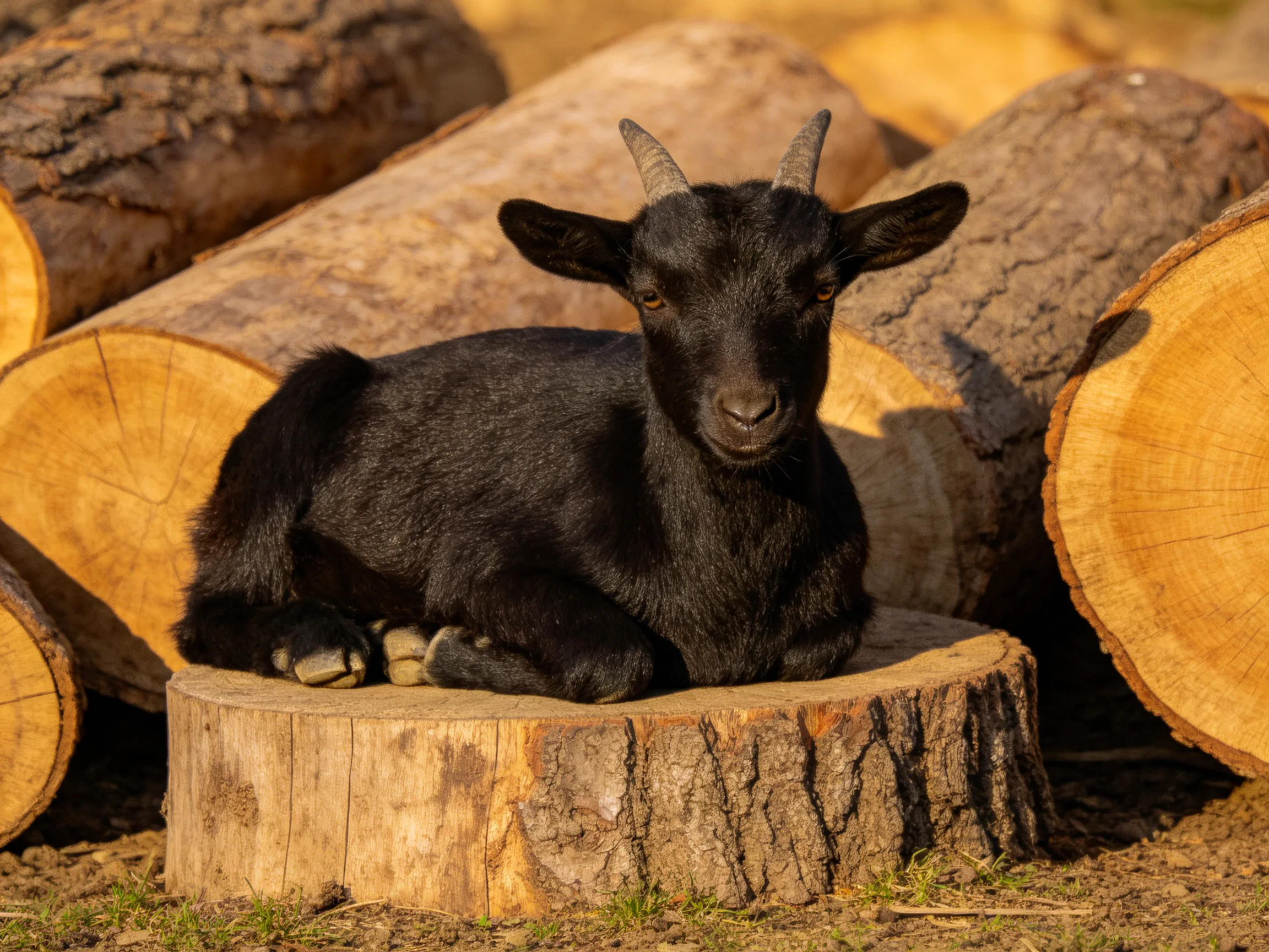 A small black goat rests on a tree stump amid stacked cut logs