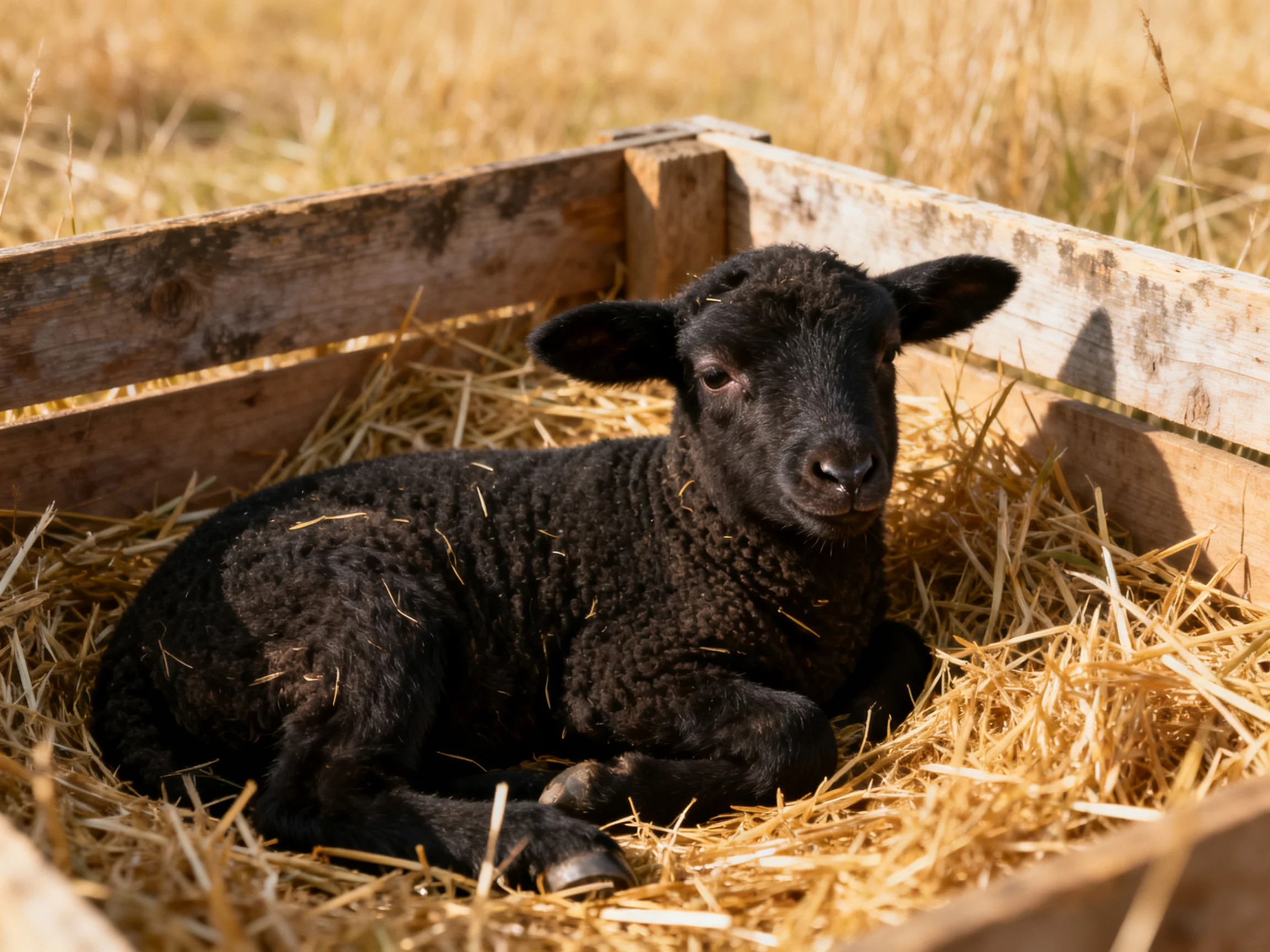 A small black lamb resting in a weathered wooden crate with golden straw bedding