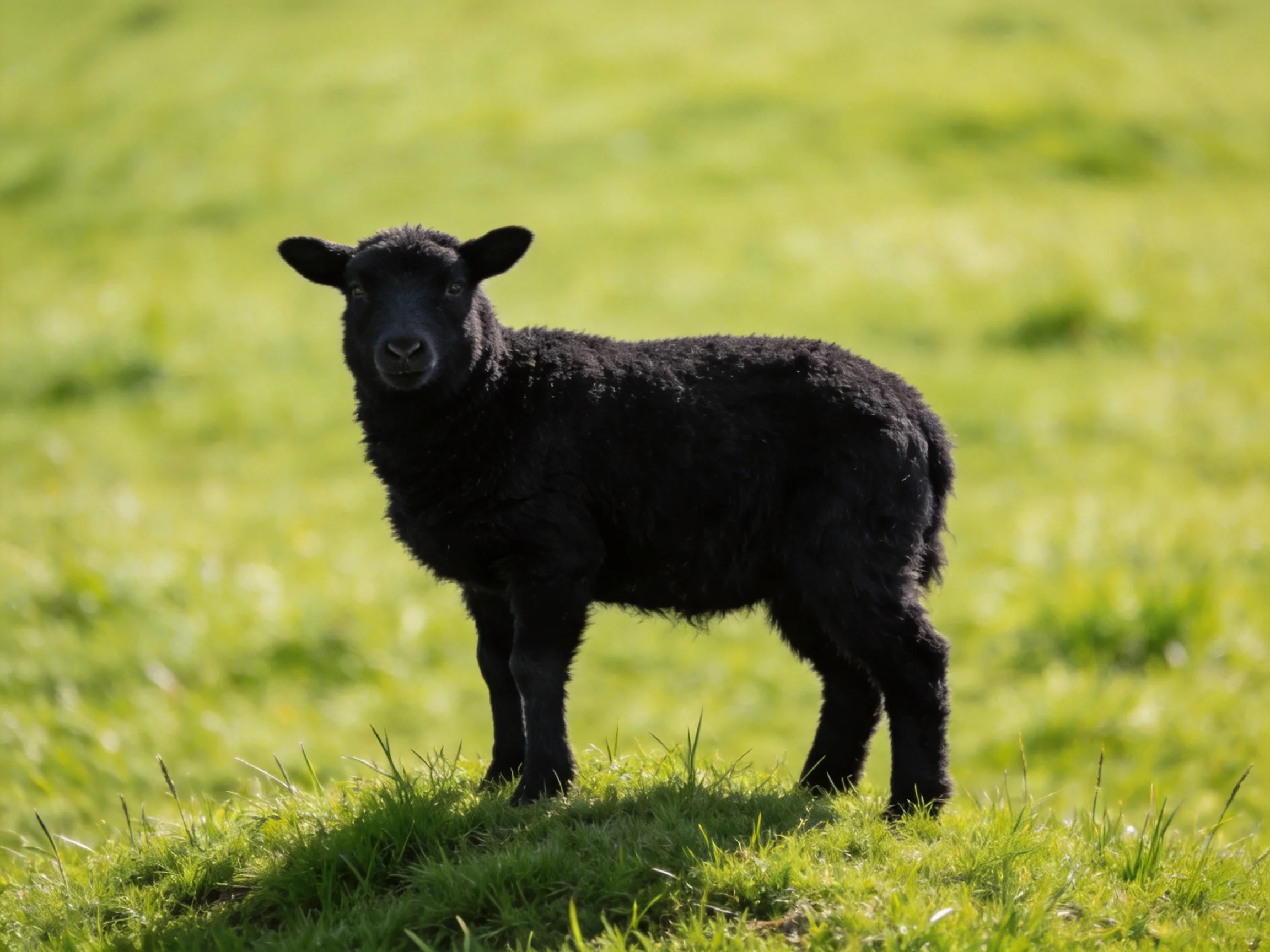 A small black lamb stands alone in a lush green meadow