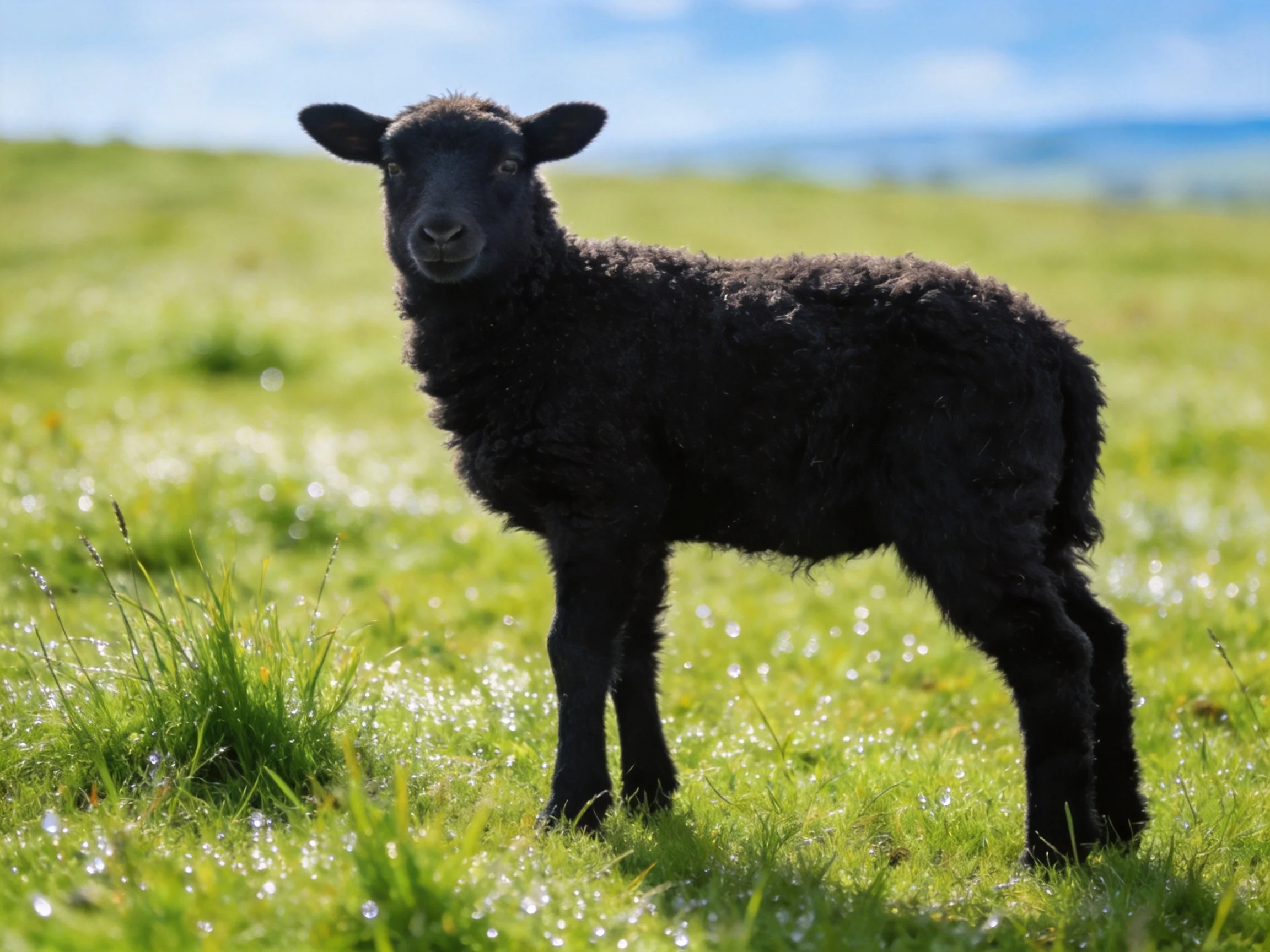 A small black lamb stands in a dewy, sunlit green pasture.