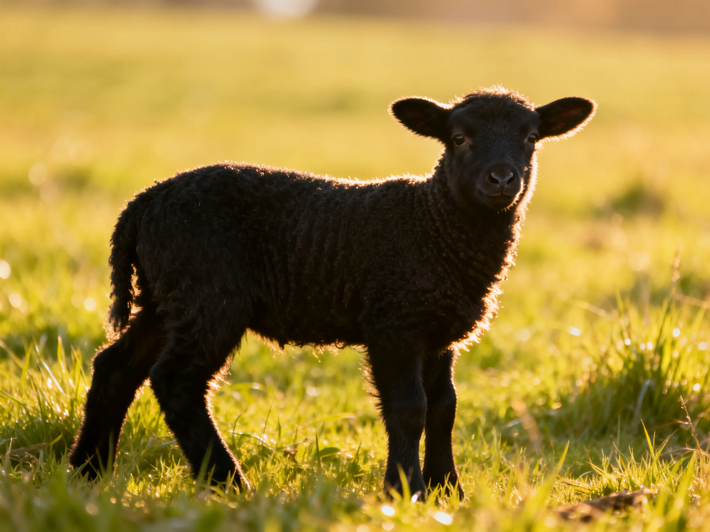 A small black lamb stands in a sunlit green meadow.