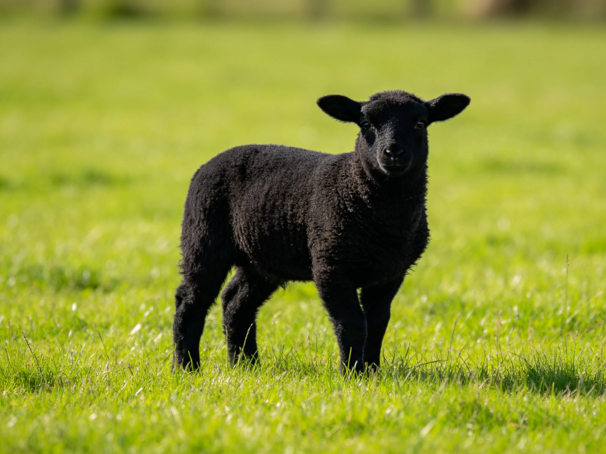 A small black lamb with curly wool stands in a vibrant green field