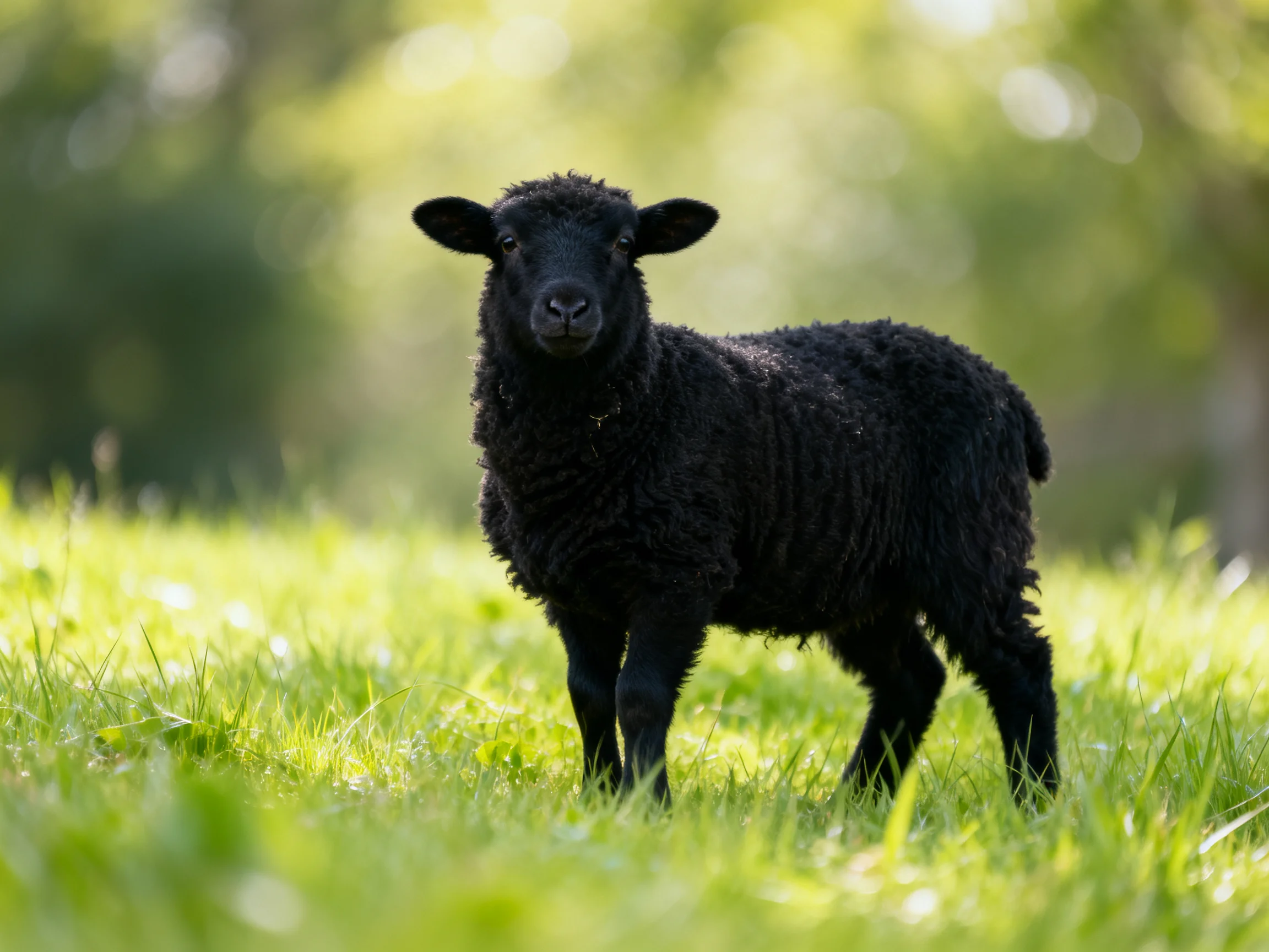 A small black sheep stands in a sunlit green meadow.