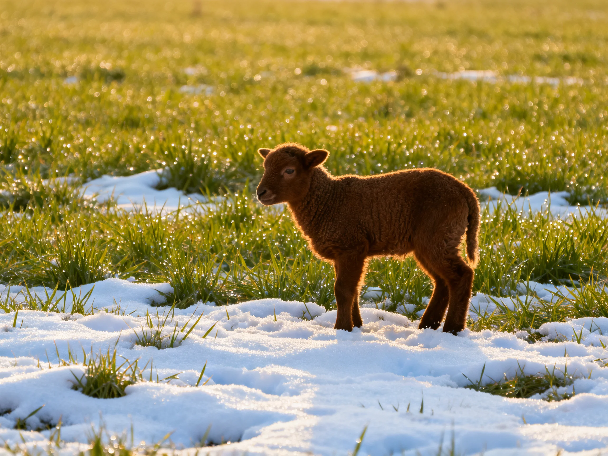 A young brown lamb stands in a snowy field with green grass.