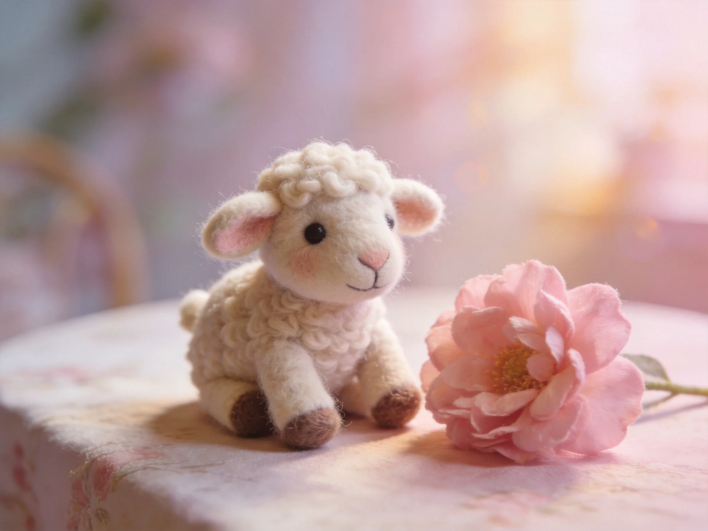 A small cream-colored felt lamb beside a soft pink flower