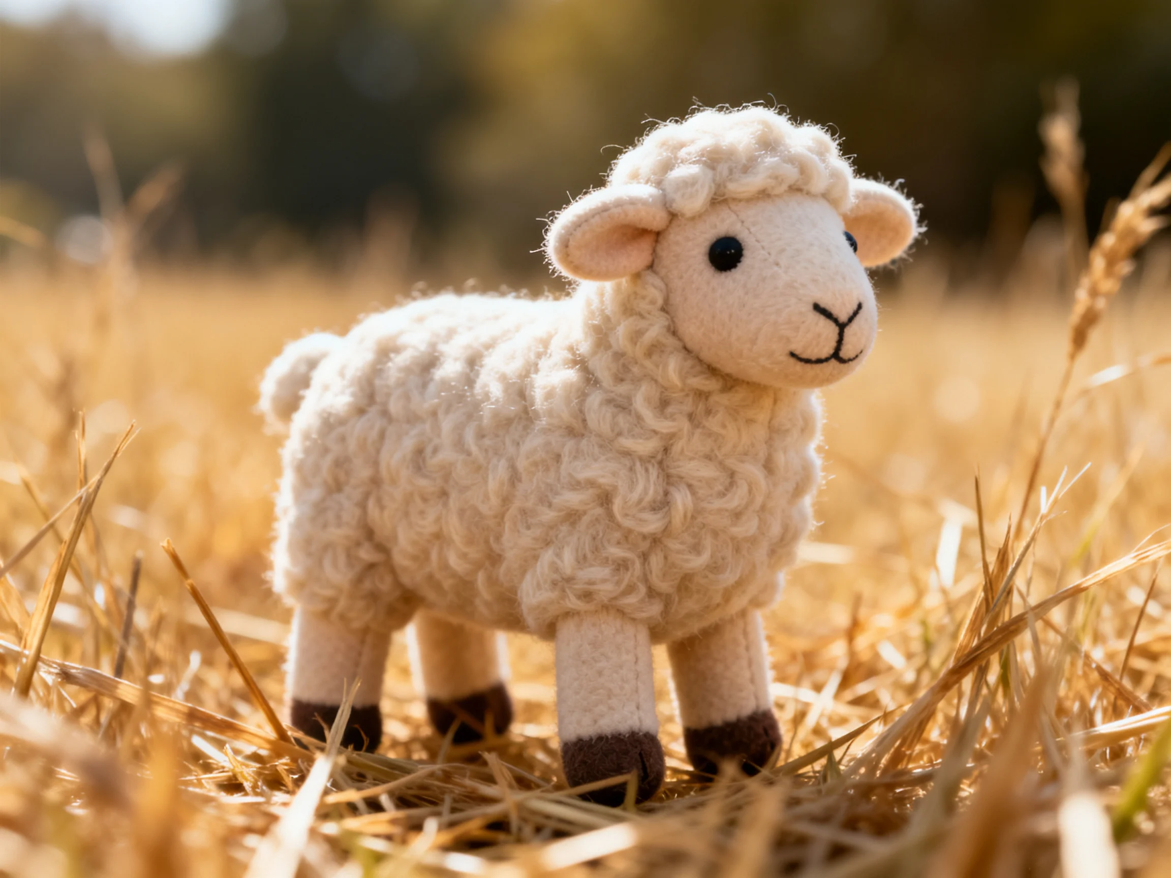 A small cream - felt sheep figurine in golden straw